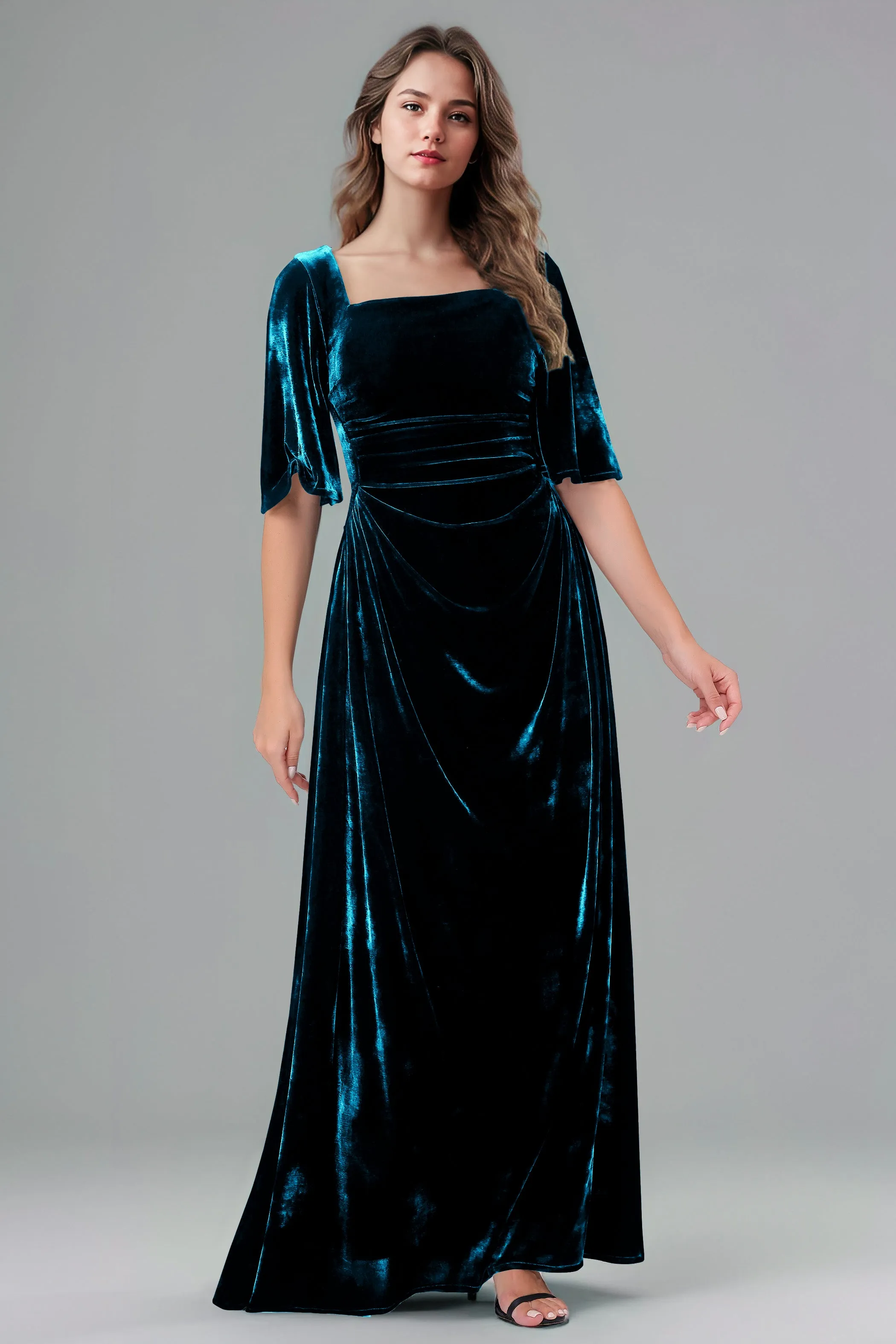 Square Neck Simple A Line Half Sleeves Velvet Bridesmaid Dresses