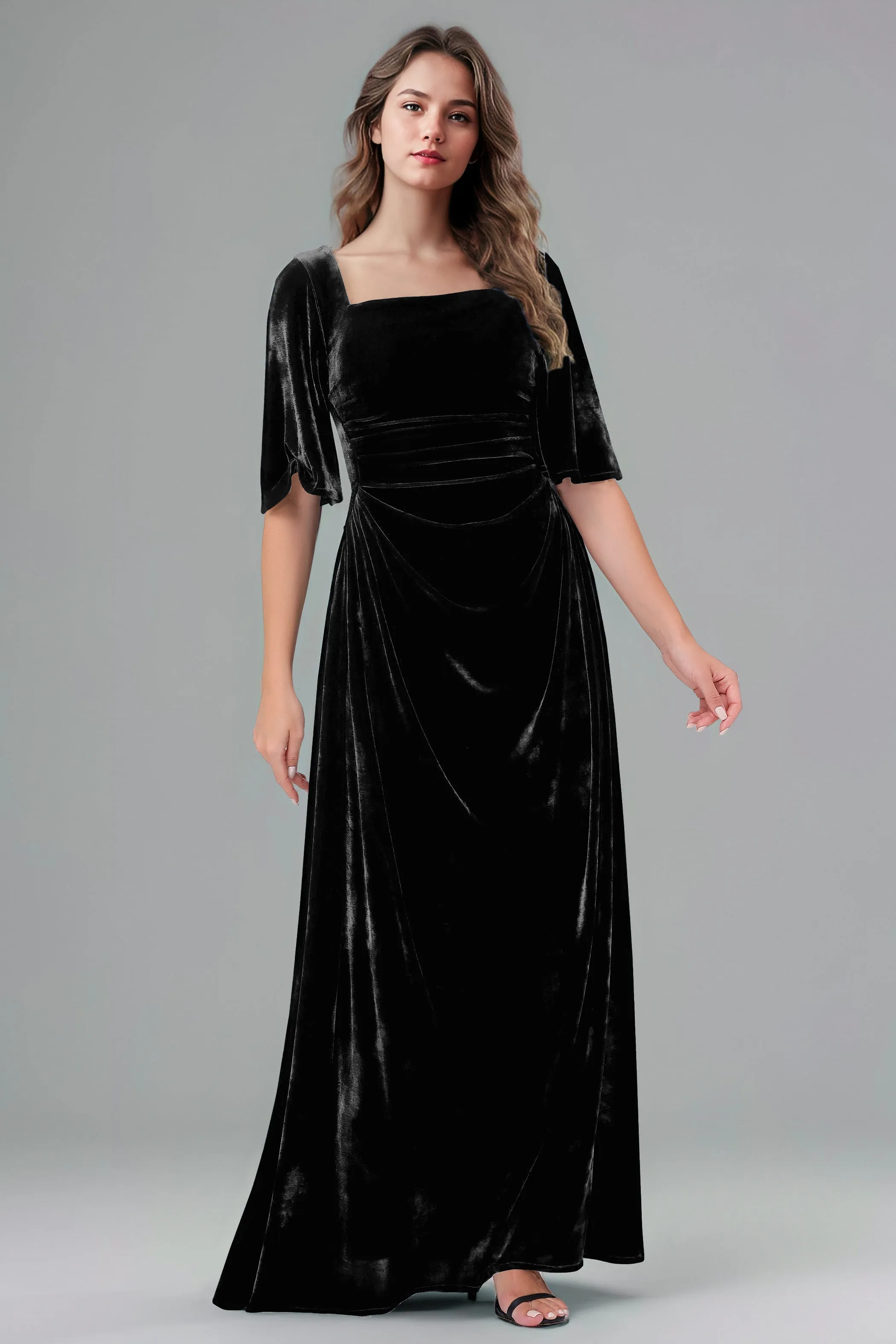 Square Neck Simple A Line Half Sleeves Velvet Bridesmaid Dresses