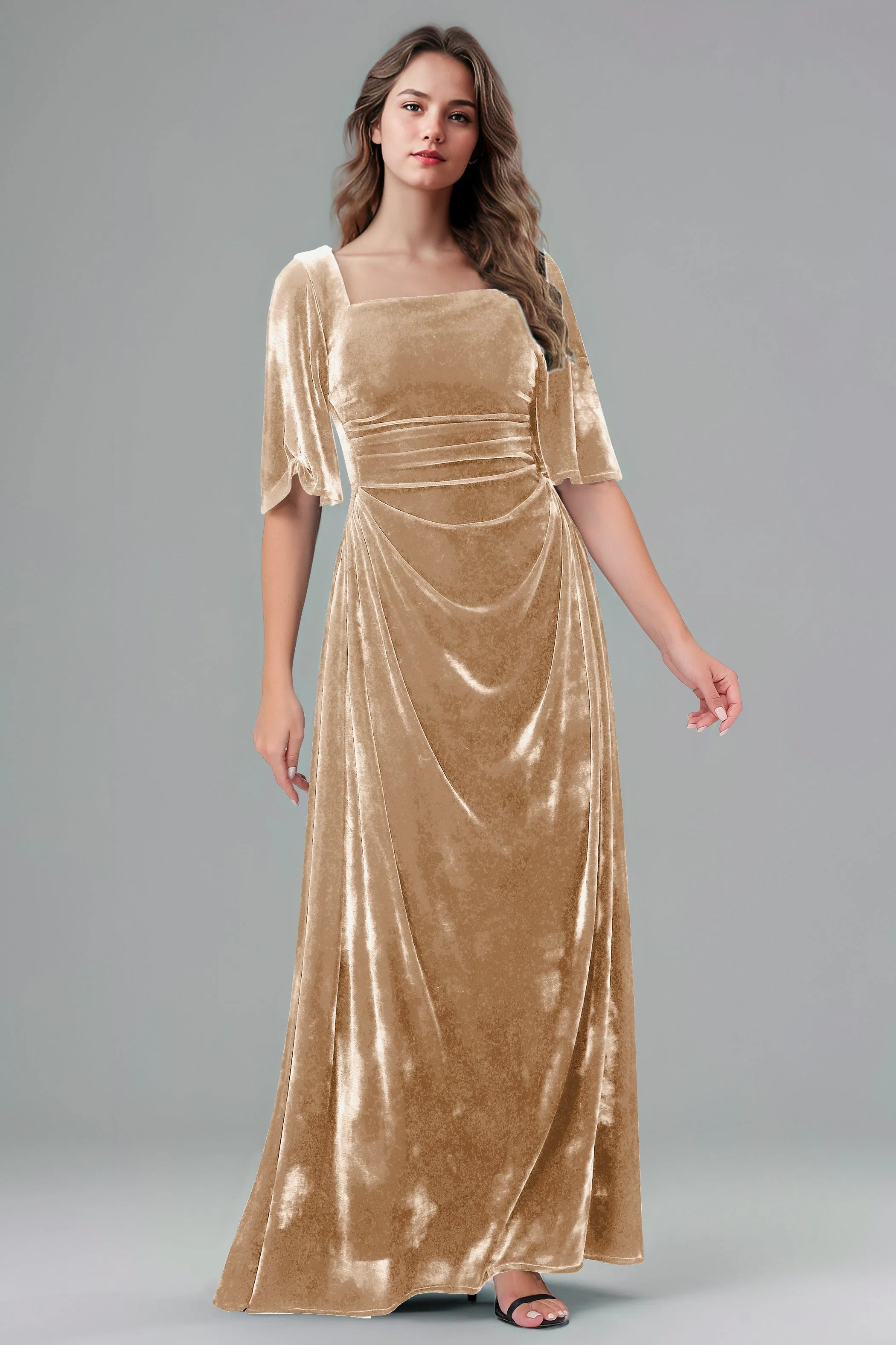 Square Neck Simple A Line Half Sleeves Velvet Bridesmaid Dresses