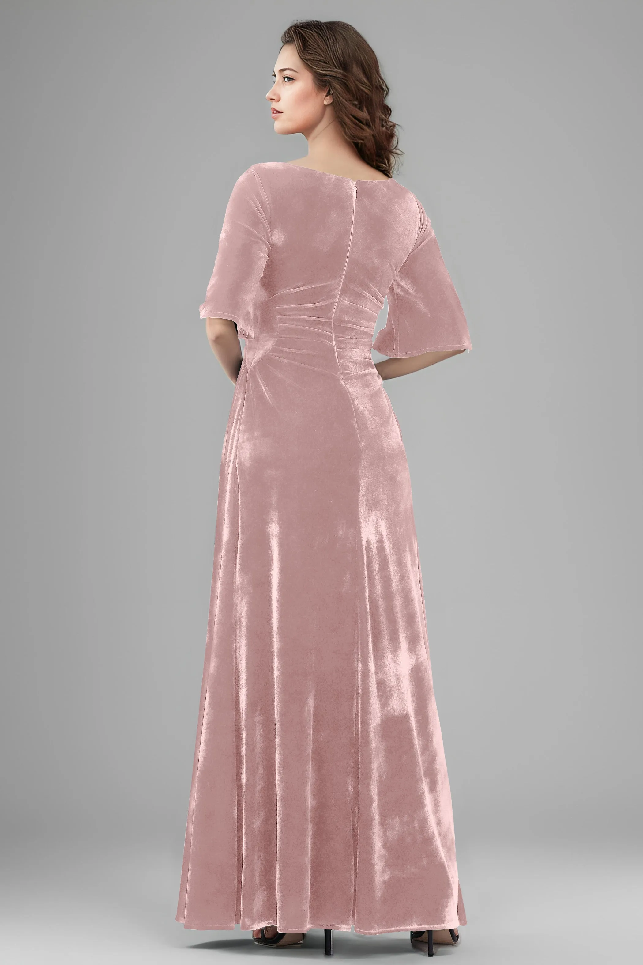Square Neck Simple A Line Half Sleeves Velvet Bridesmaid Dresses