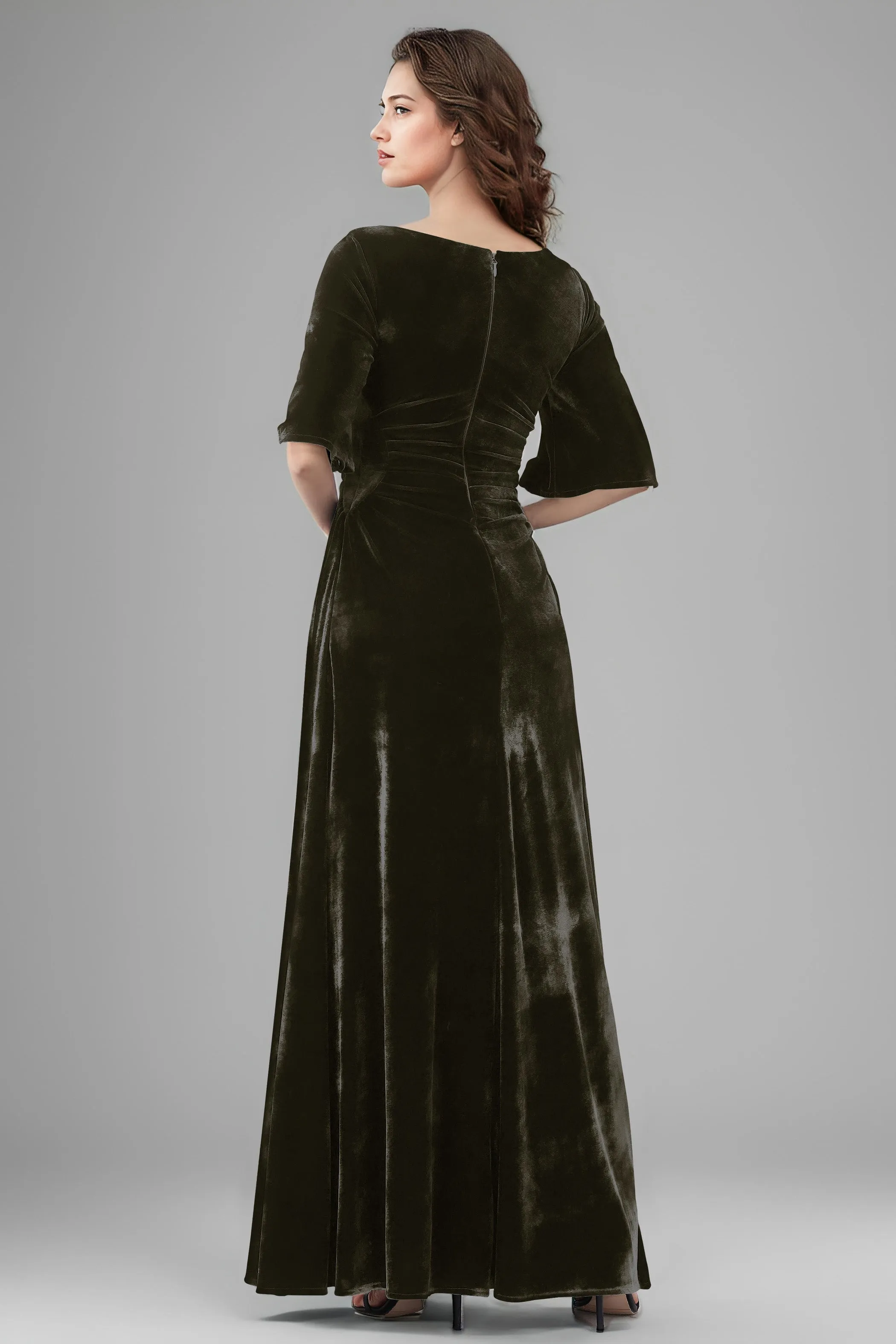 Square Neck Simple A Line Half Sleeves Velvet Bridesmaid Dresses