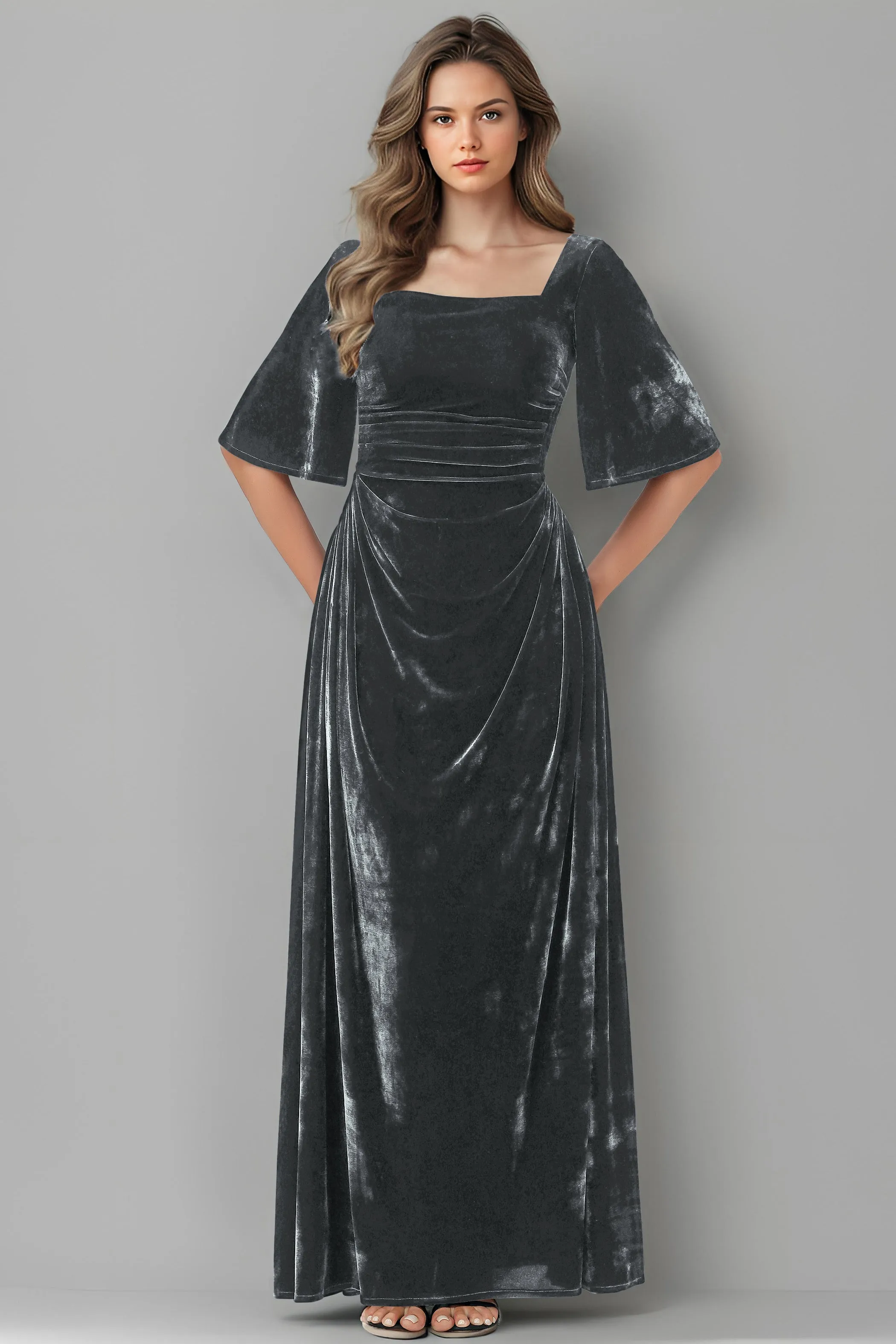 Square Neck Simple A Line Half Sleeves Velvet Bridesmaid Dresses