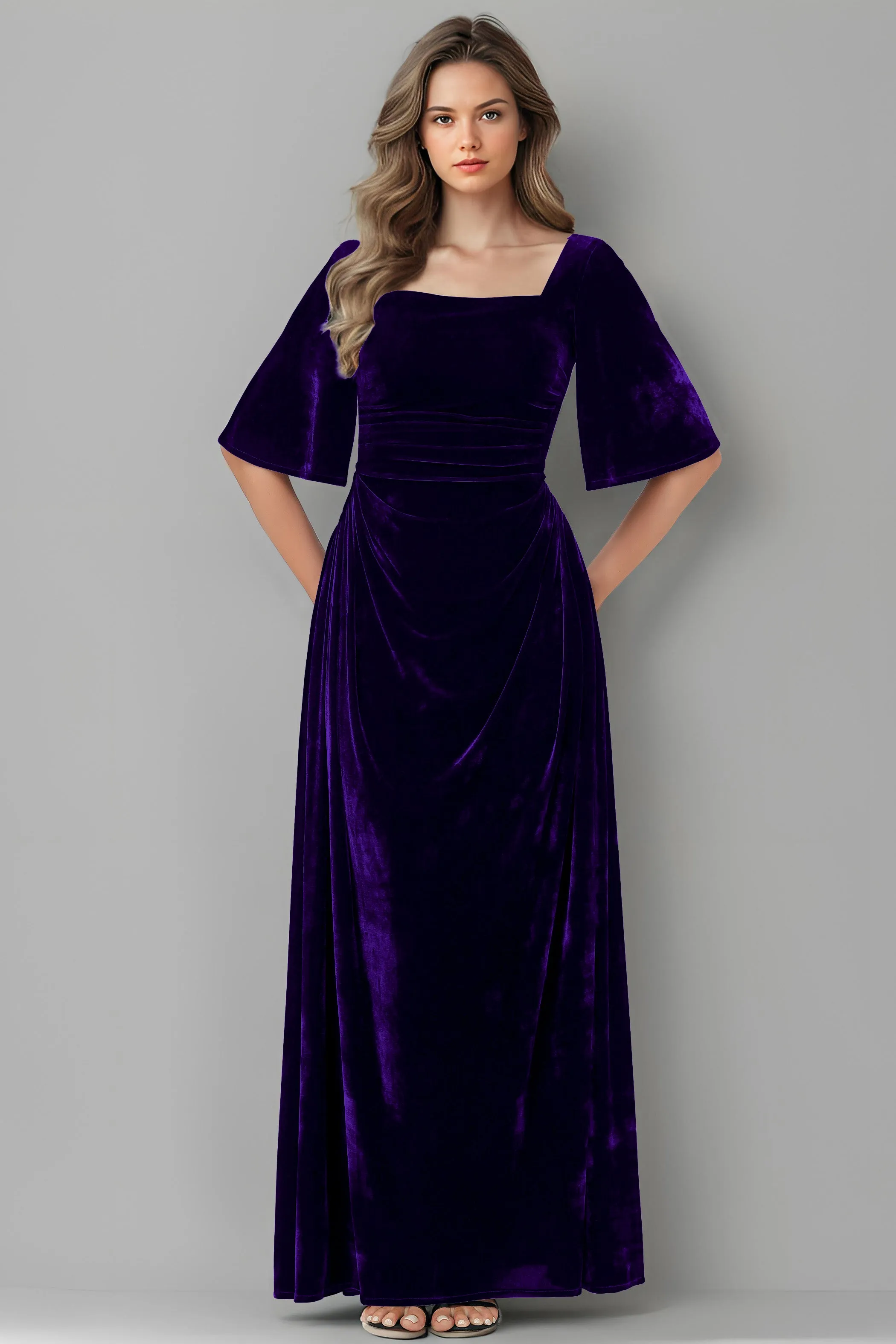 Square Neck Simple A Line Half Sleeves Velvet Bridesmaid Dresses