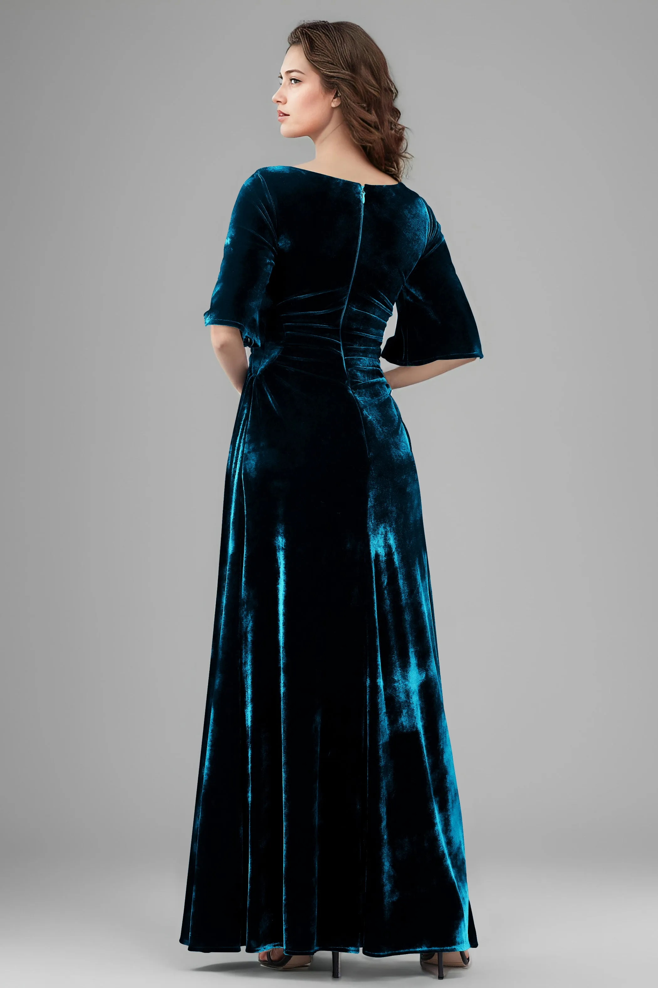 Square Neck Simple A Line Half Sleeves Velvet Bridesmaid Dresses