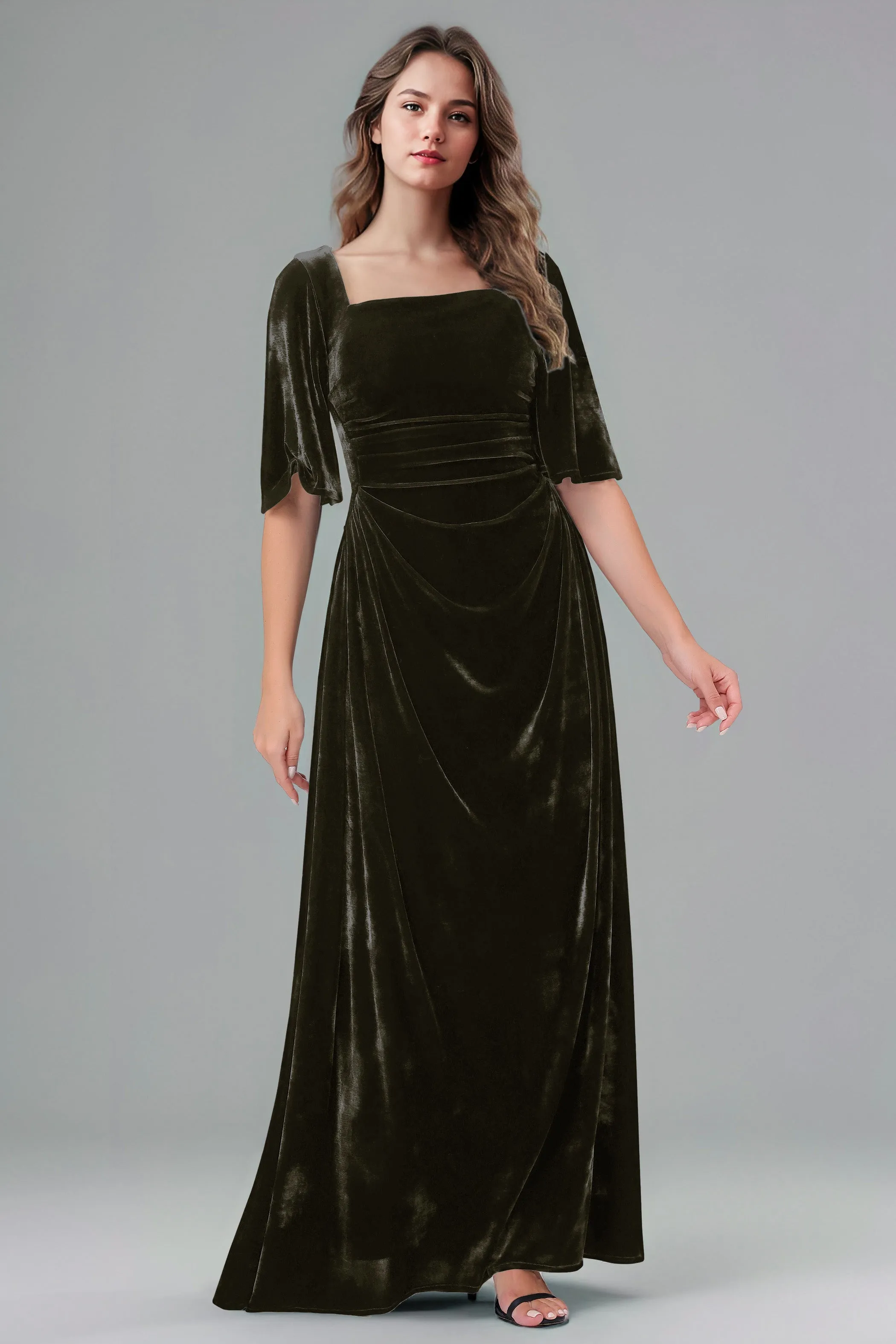 Square Neck Simple A Line Half Sleeves Velvet Bridesmaid Dresses