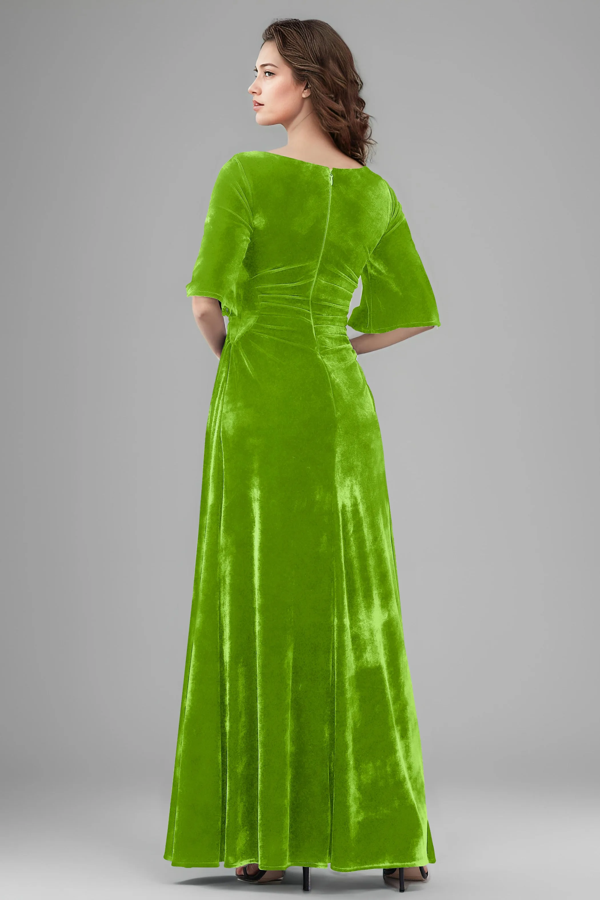 Square Neck Simple A Line Half Sleeves Velvet Bridesmaid Dresses