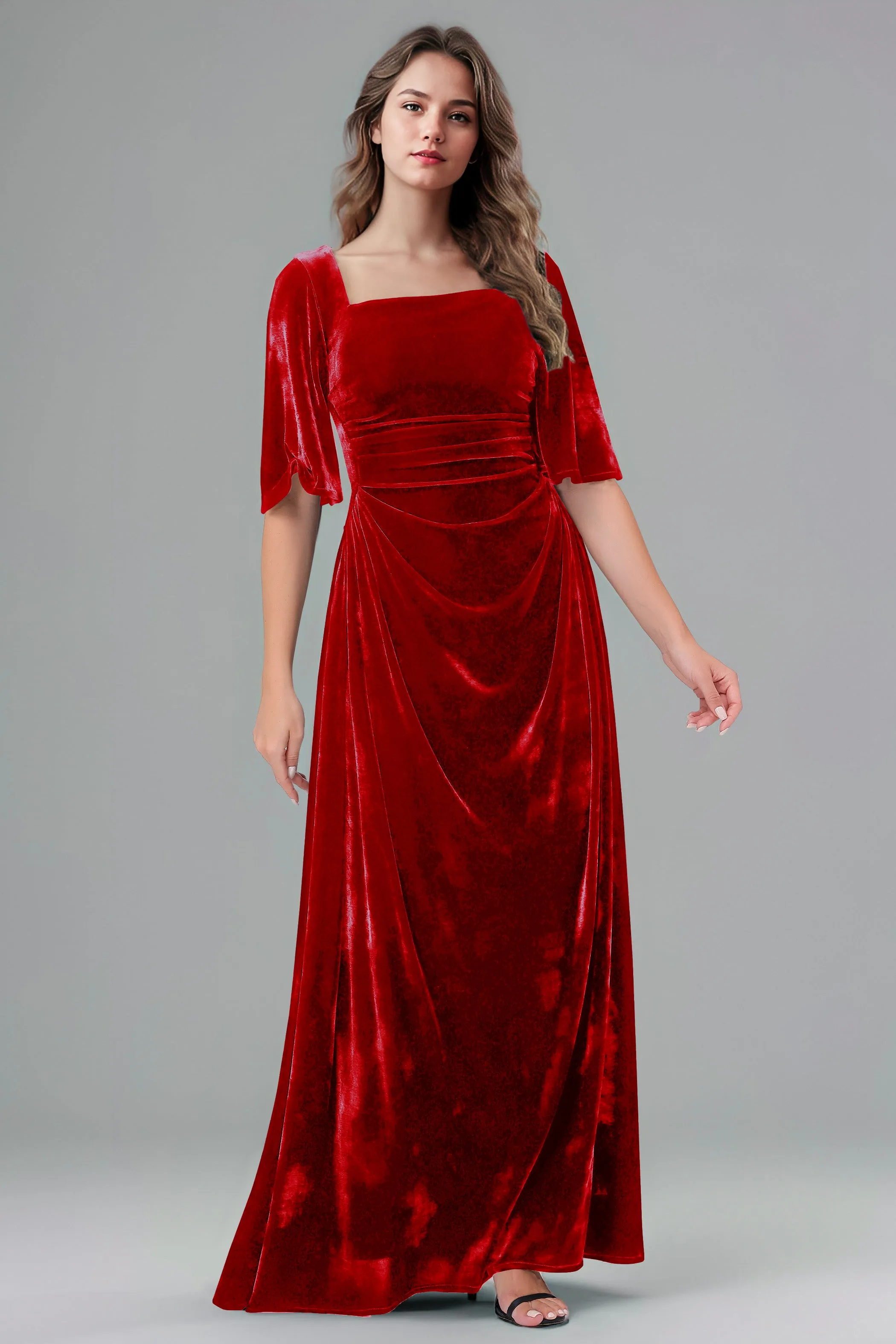Square Neck Simple A Line Half Sleeves Velvet Bridesmaid Dresses