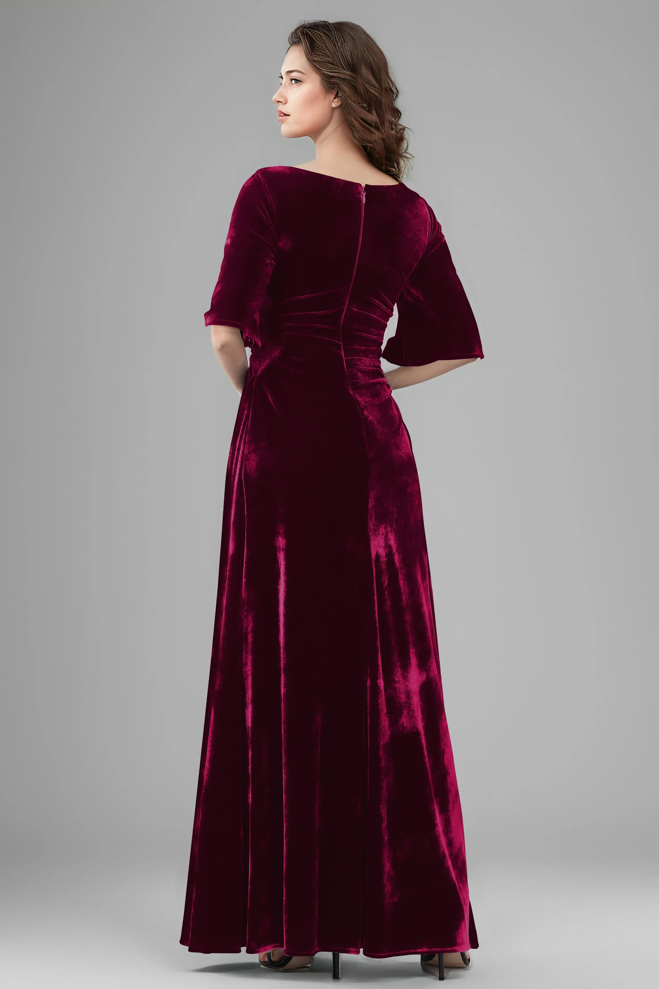 Square Neck Simple A Line Half Sleeves Velvet Bridesmaid Dresses