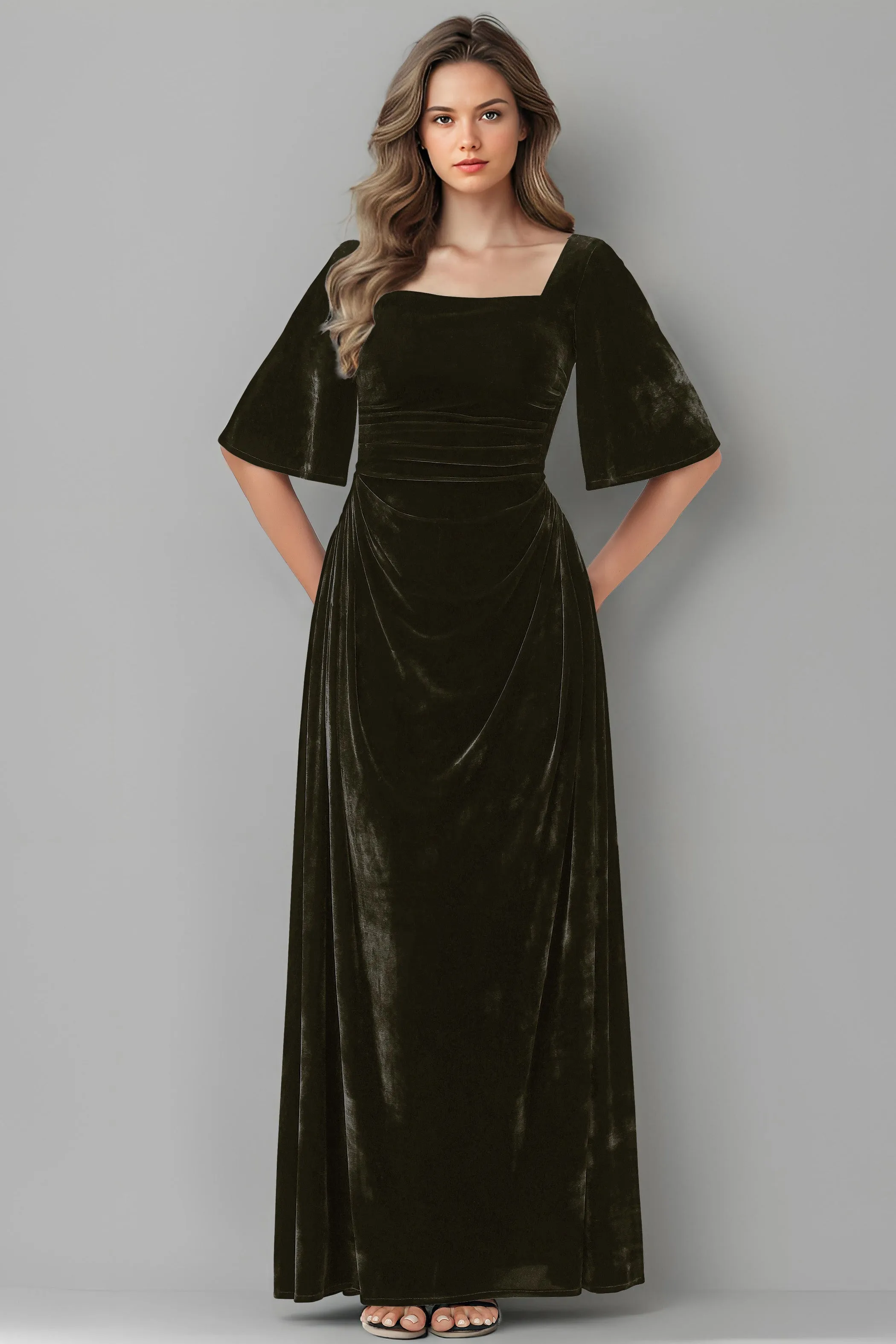 Square Neck Simple A Line Half Sleeves Velvet Bridesmaid Dresses
