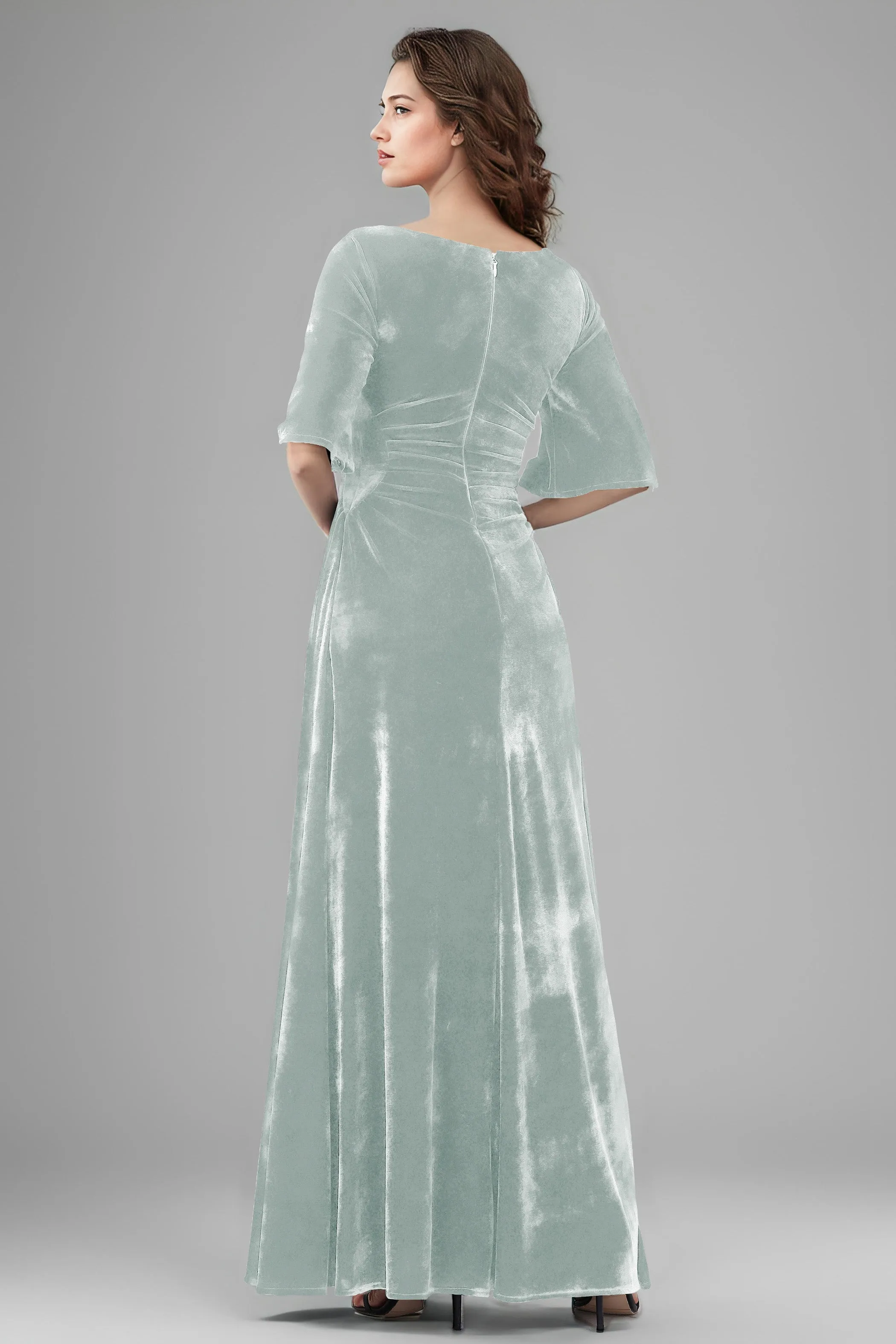 Square Neck Simple A Line Half Sleeves Velvet Bridesmaid Dresses