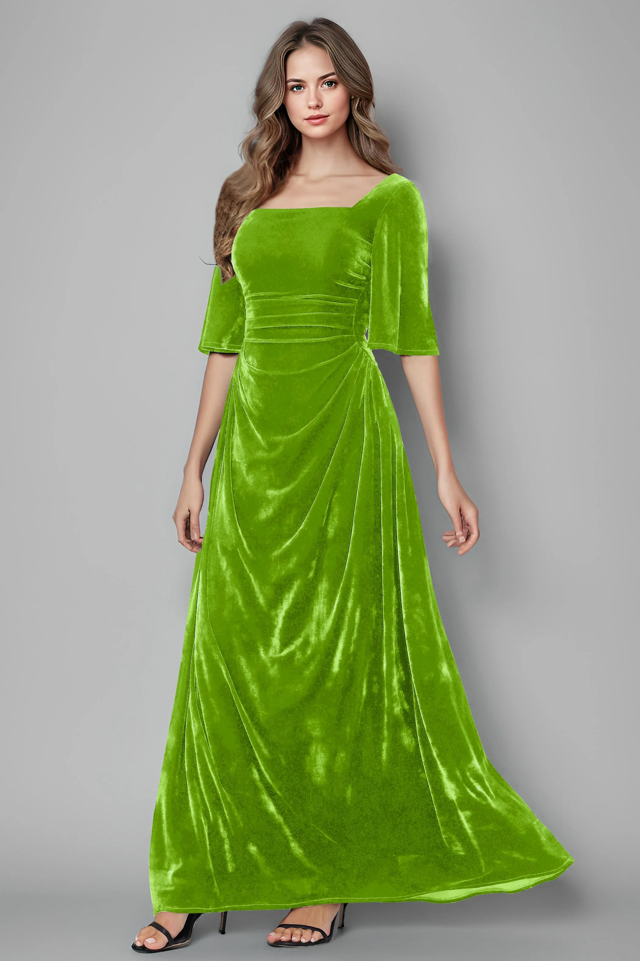 Square Neck Simple A Line Half Sleeves Velvet Bridesmaid Dresses