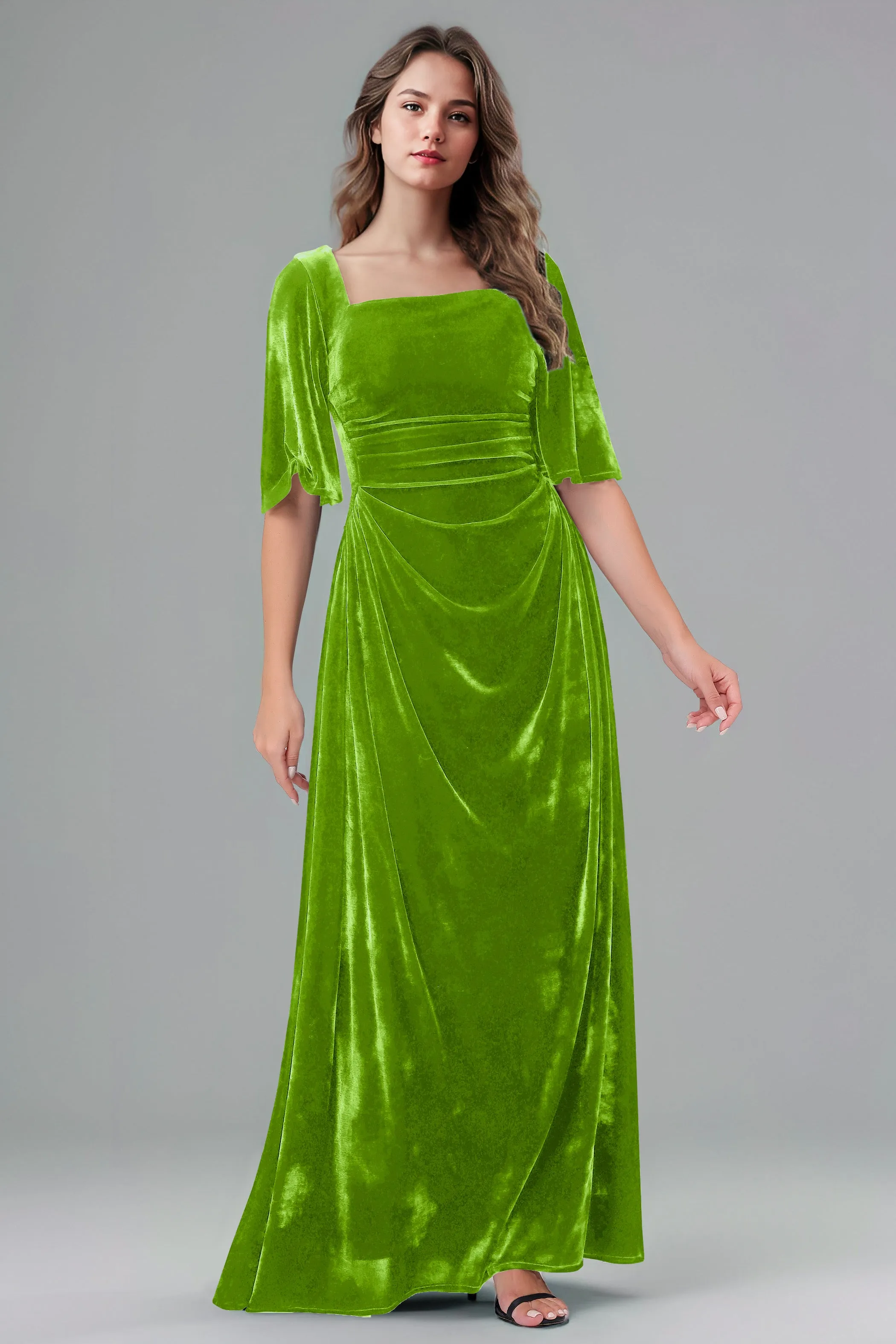 Square Neck Simple A Line Half Sleeves Velvet Bridesmaid Dresses