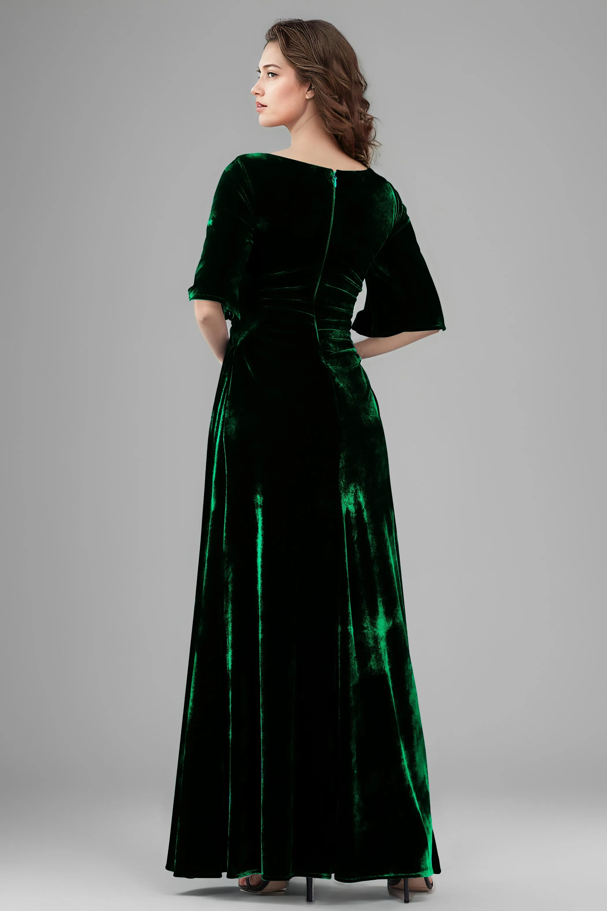 Square Neck Simple A Line Half Sleeves Velvet Bridesmaid Dresses