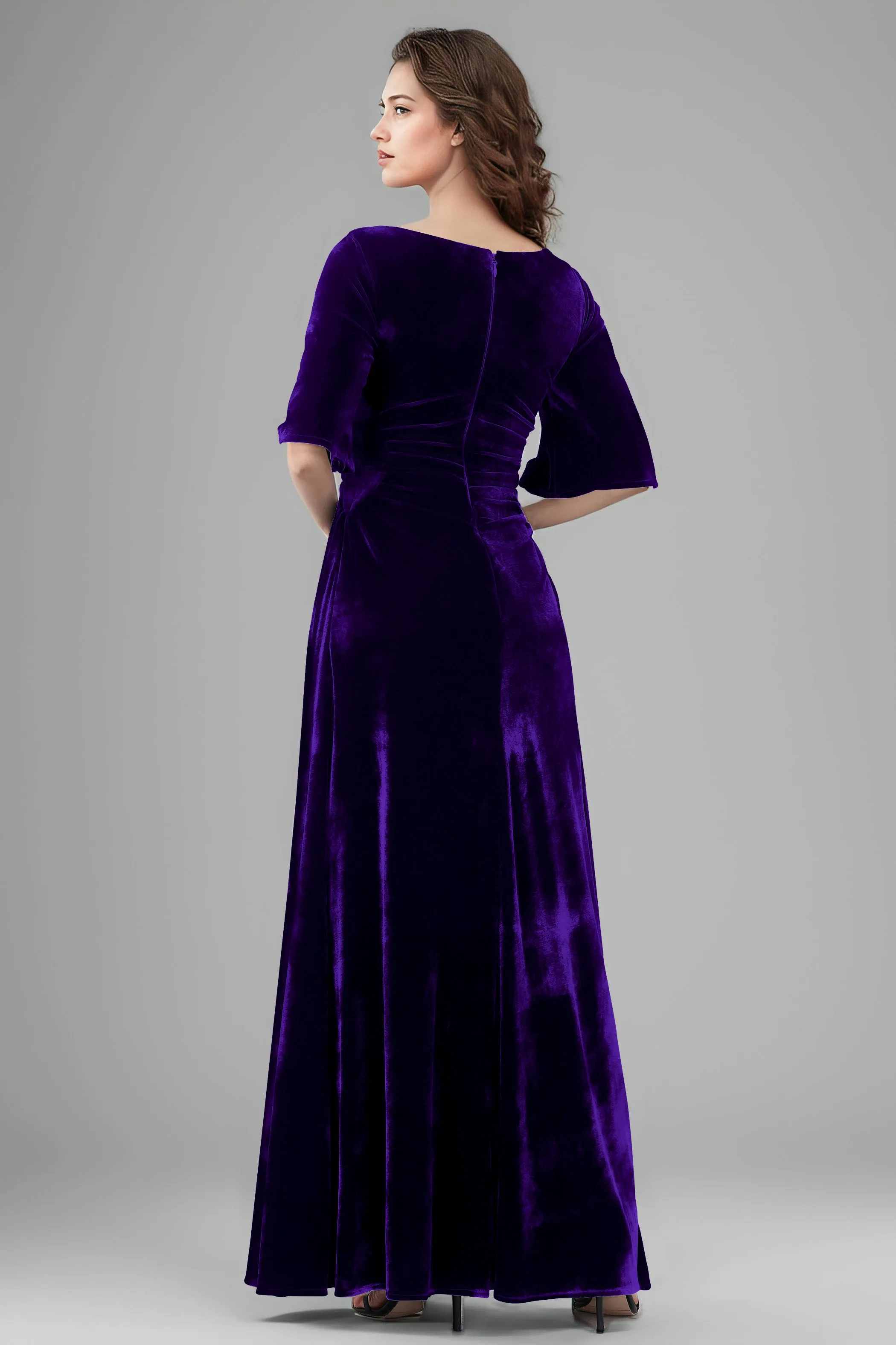 Square Neck Simple A Line Half Sleeves Velvet Bridesmaid Dresses