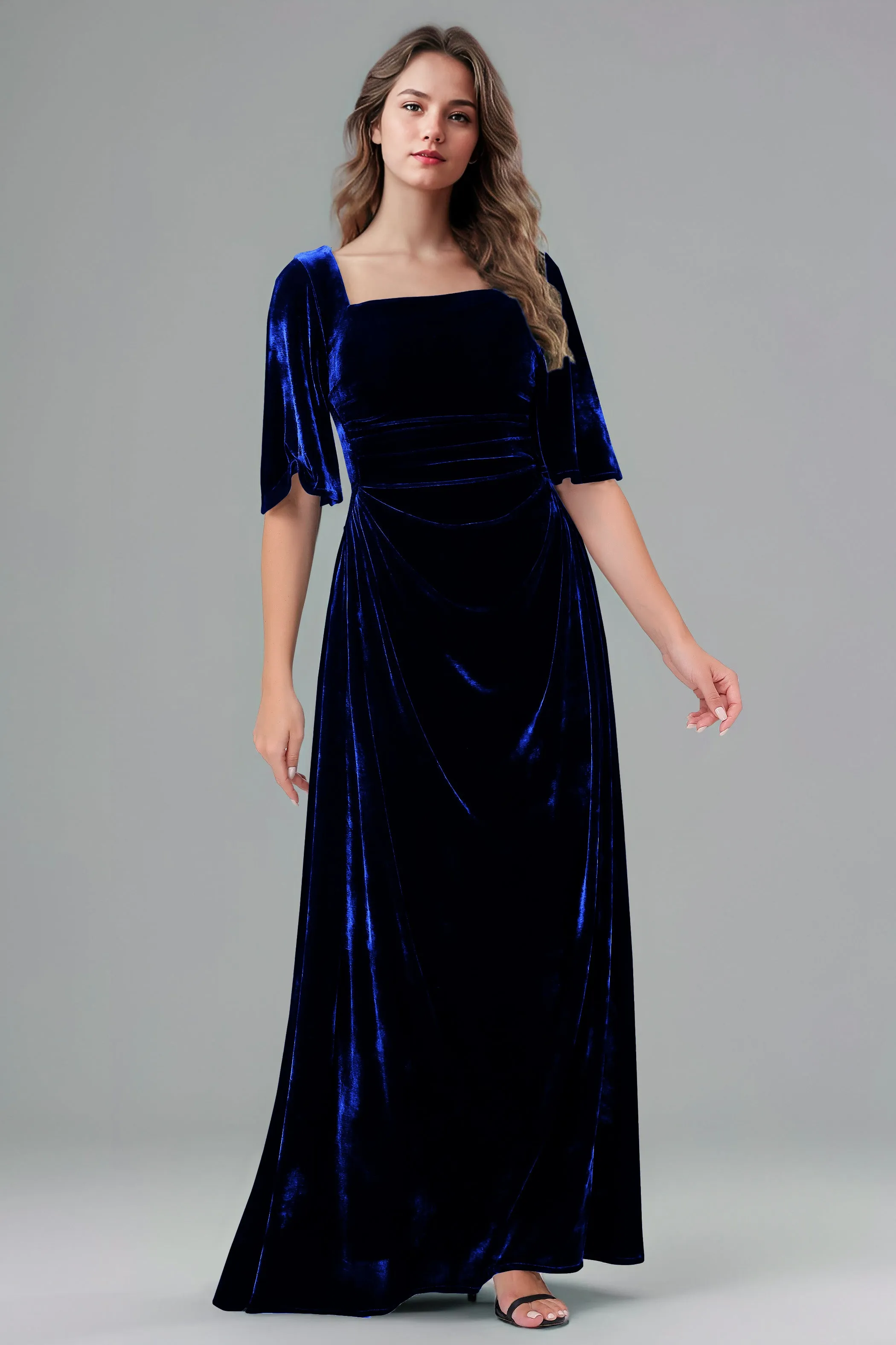 Square Neck Simple A Line Half Sleeves Velvet Bridesmaid Dresses