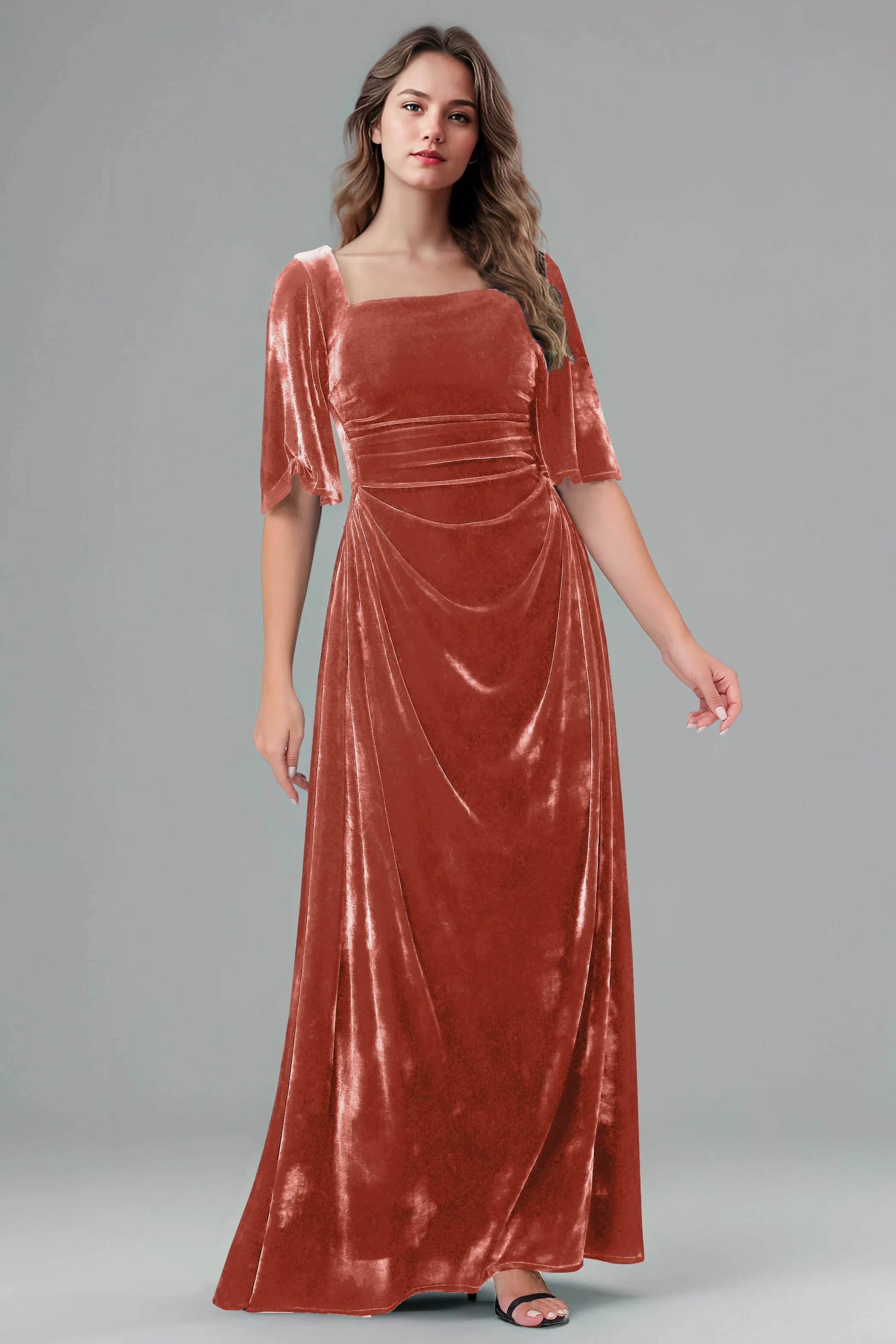 Square Neck Simple A Line Half Sleeves Velvet Bridesmaid Dresses