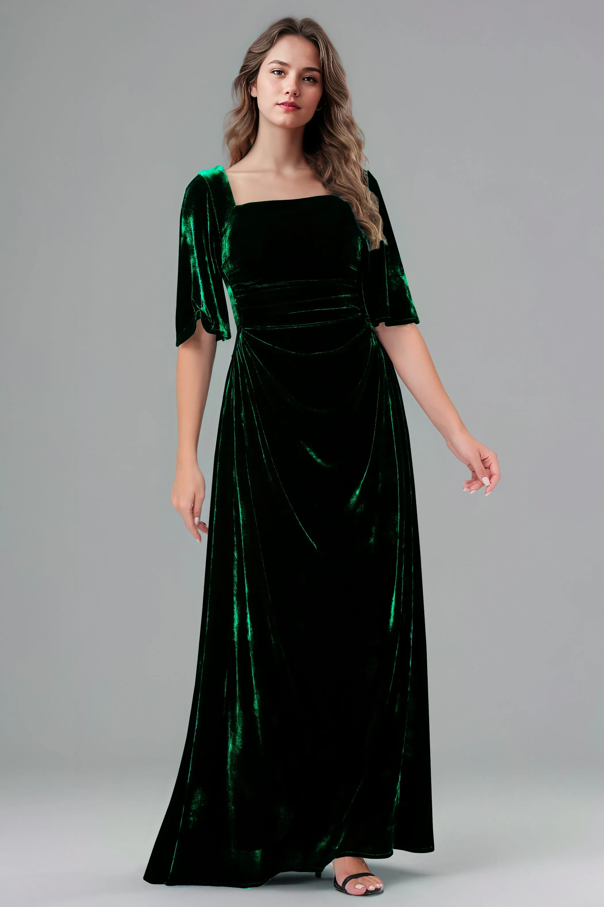 Square Neck Simple A Line Half Sleeves Velvet Bridesmaid Dresses