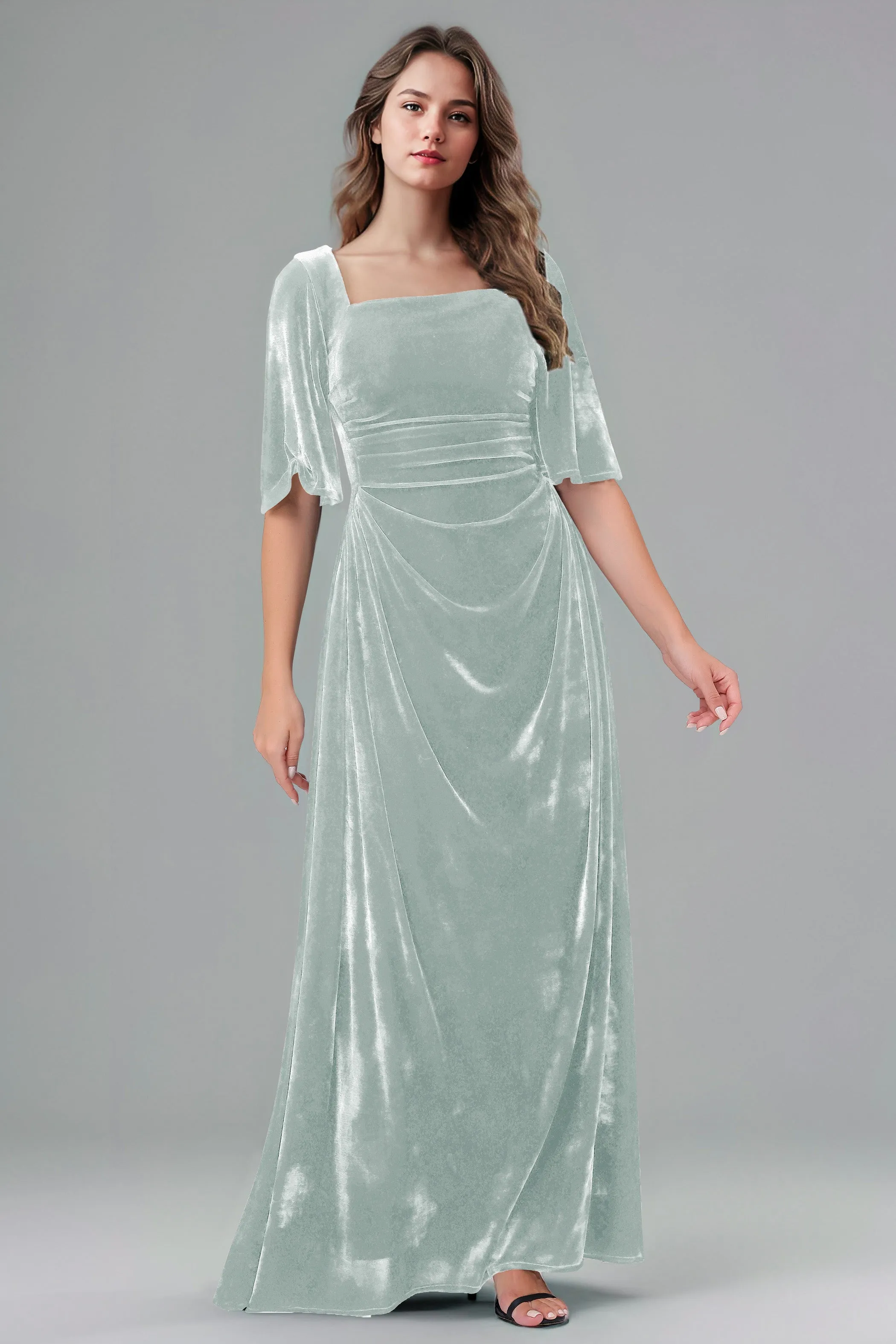 Square Neck Simple A Line Half Sleeves Velvet Bridesmaid Dresses