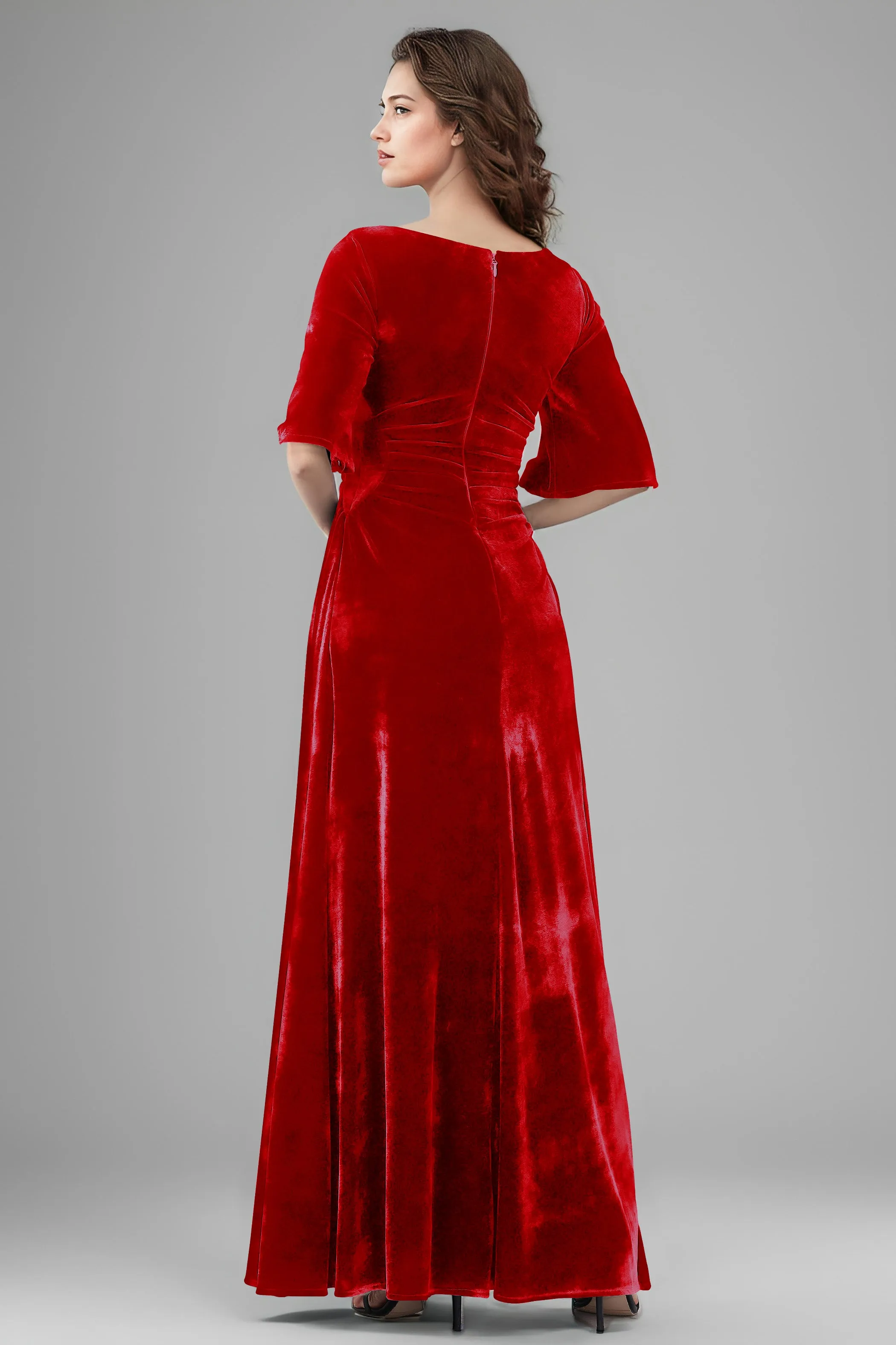 Square Neck Simple A Line Half Sleeves Velvet Bridesmaid Dresses