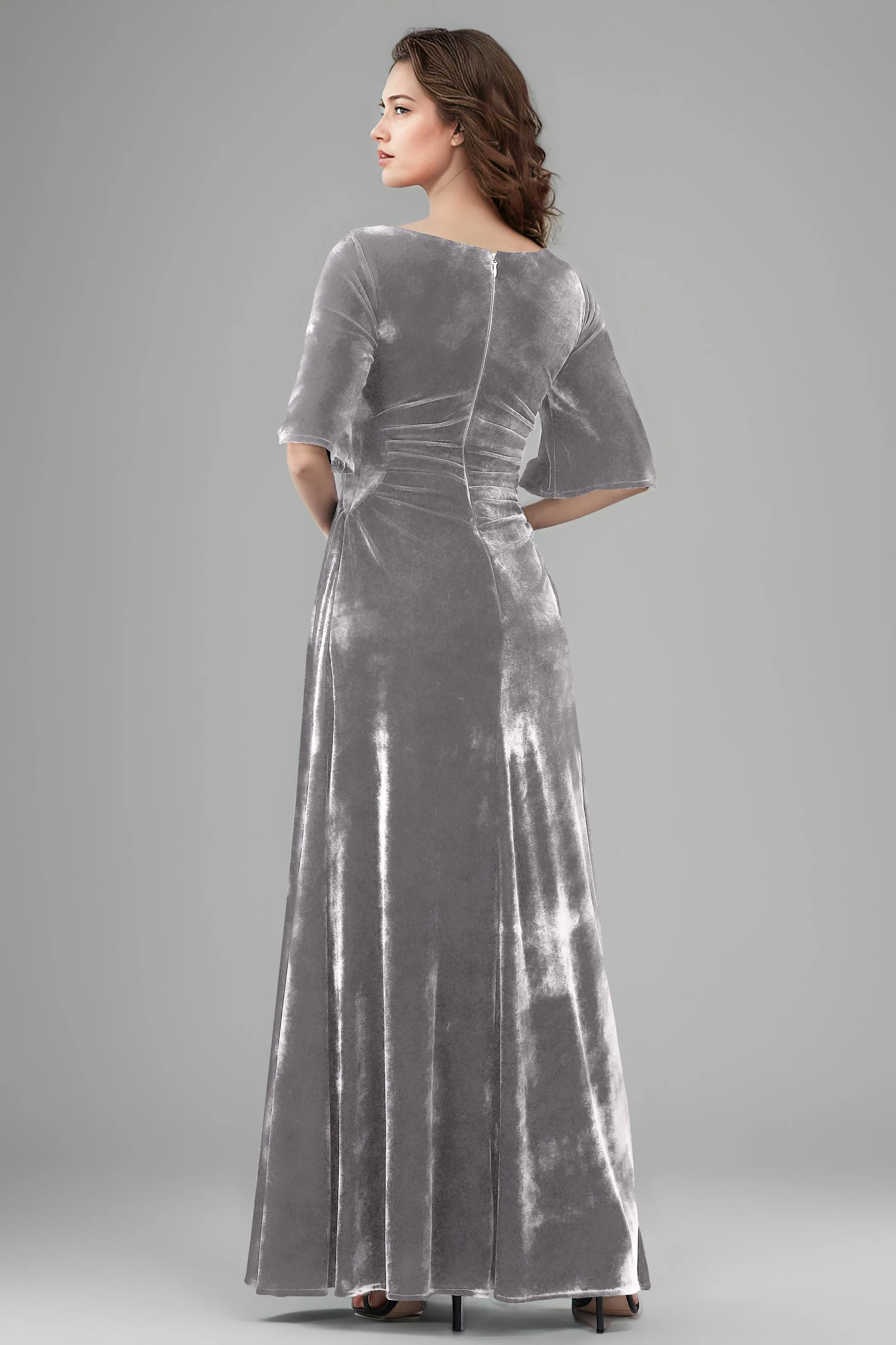 Square Neck Simple A Line Half Sleeves Velvet Bridesmaid Dresses