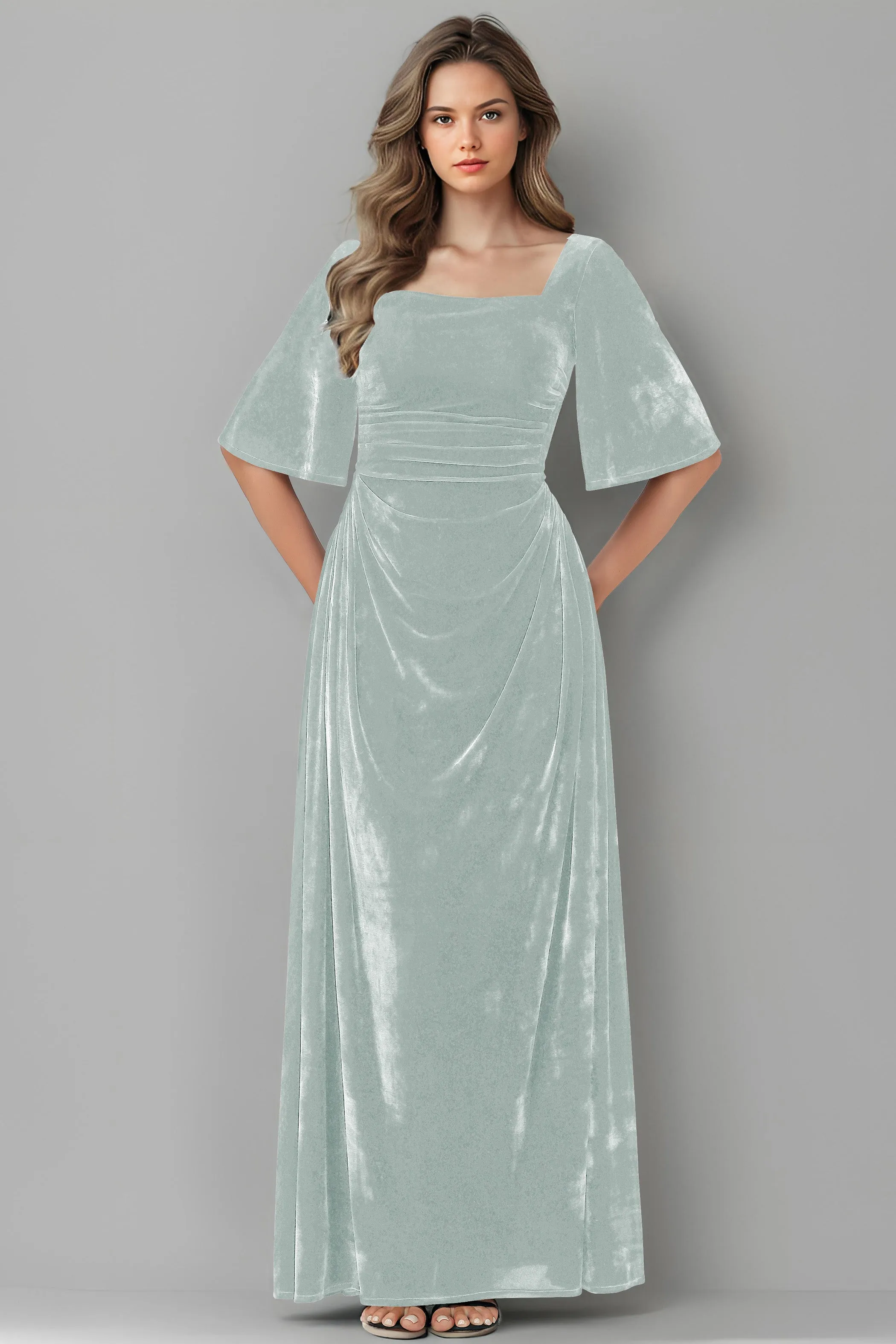 Square Neck Simple A Line Half Sleeves Velvet Bridesmaid Dresses
