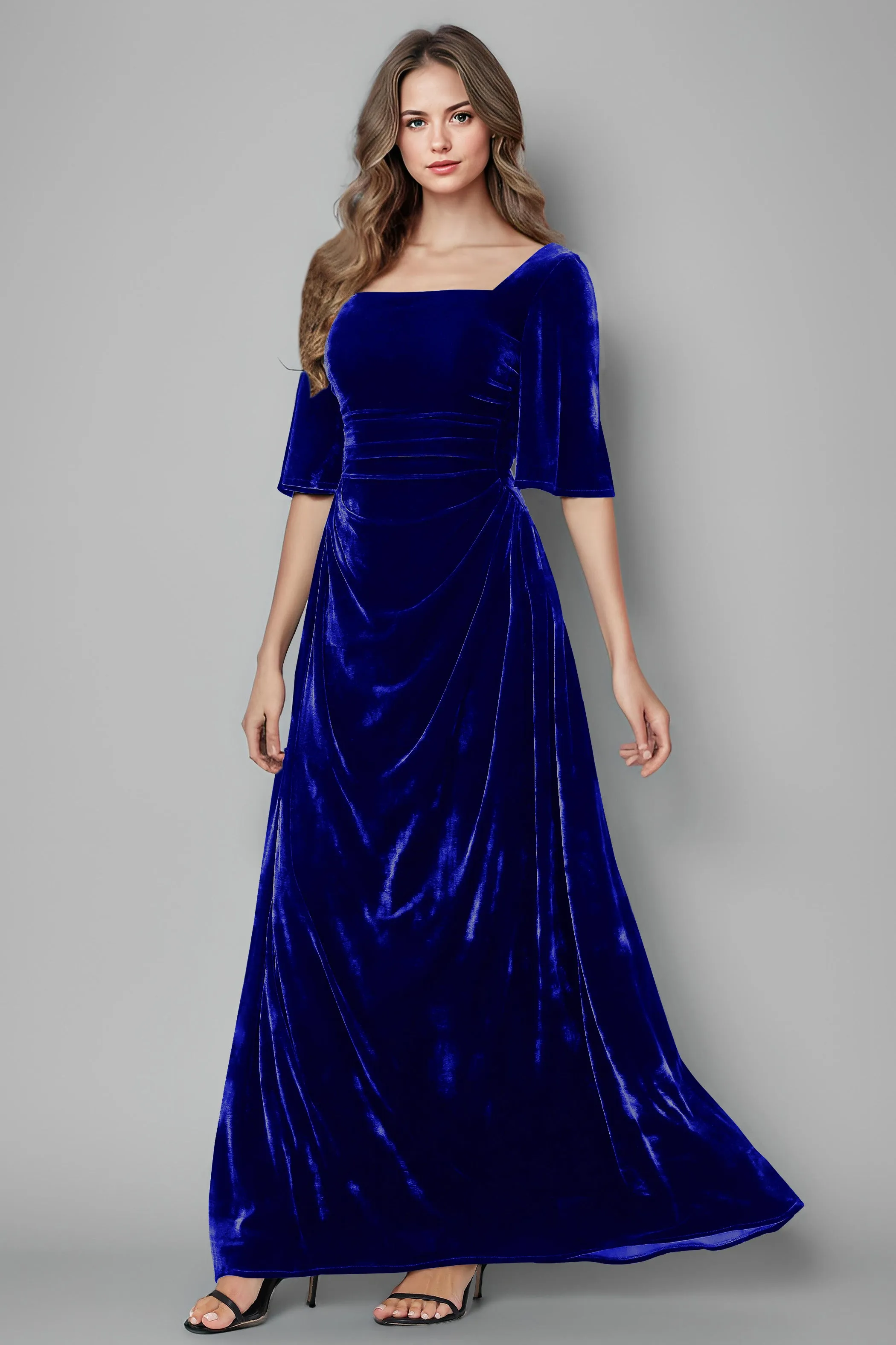 Square Neck Simple A Line Half Sleeves Velvet Bridesmaid Dresses