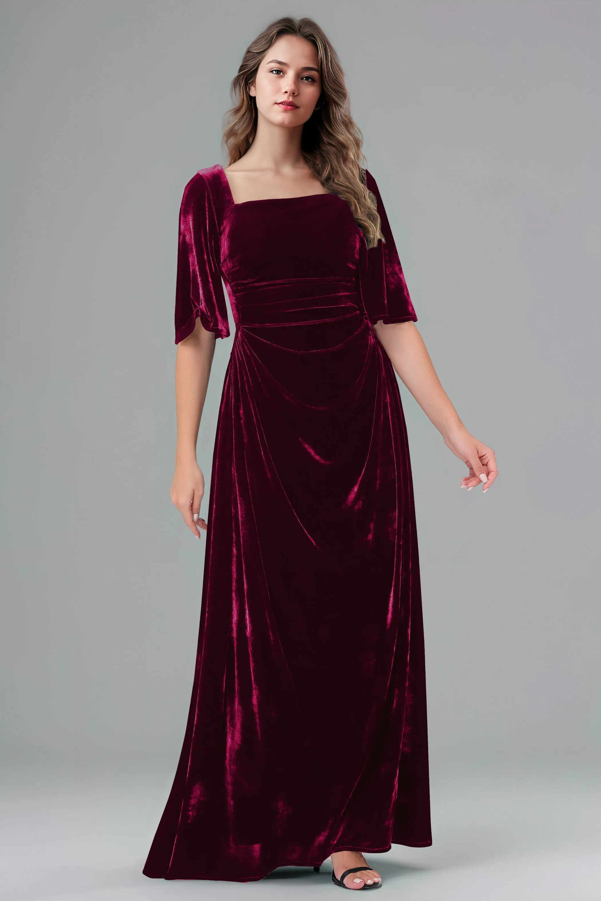 Square Neck Simple A Line Half Sleeves Velvet Bridesmaid Dresses