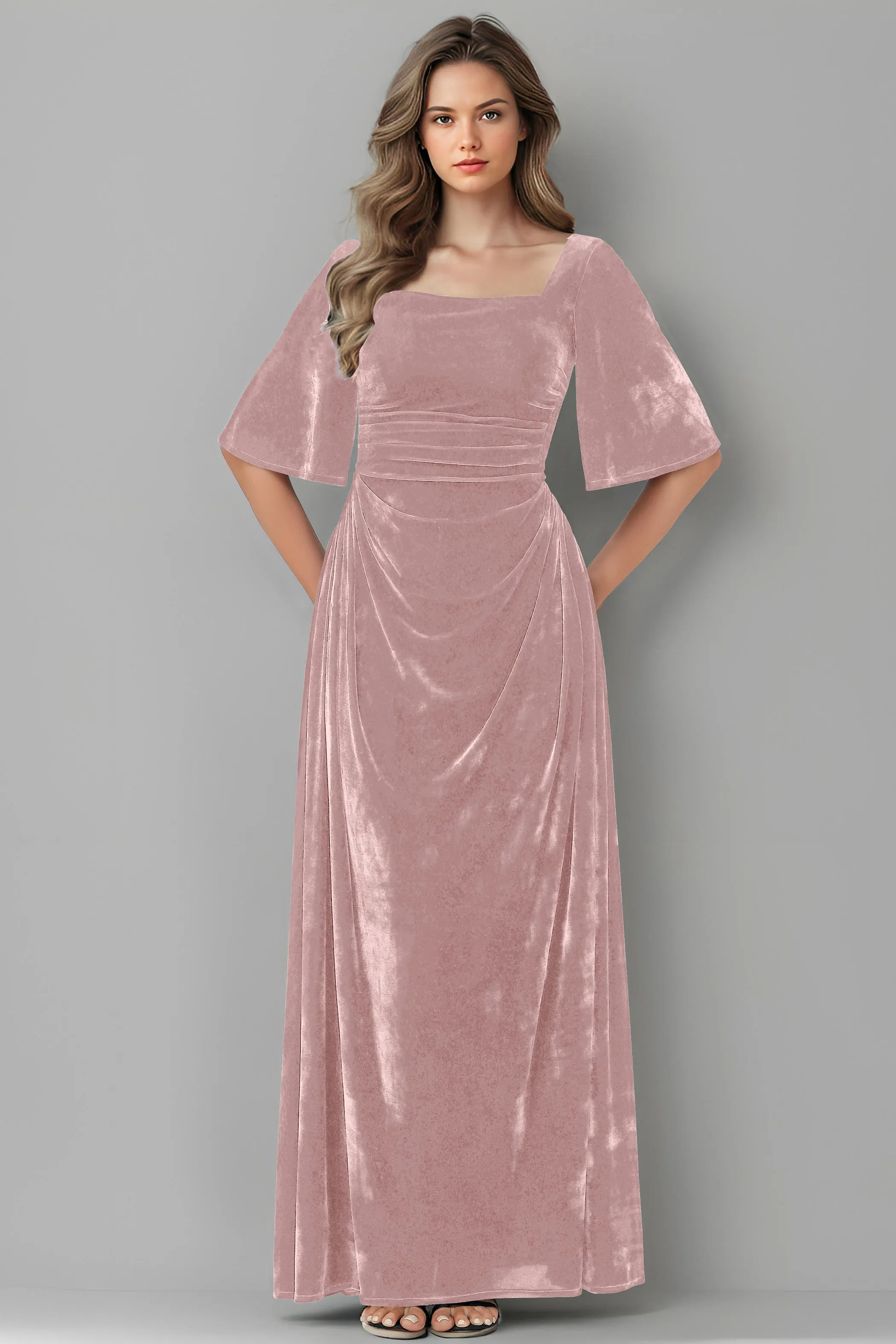 Square Neck Simple A Line Half Sleeves Velvet Bridesmaid Dresses