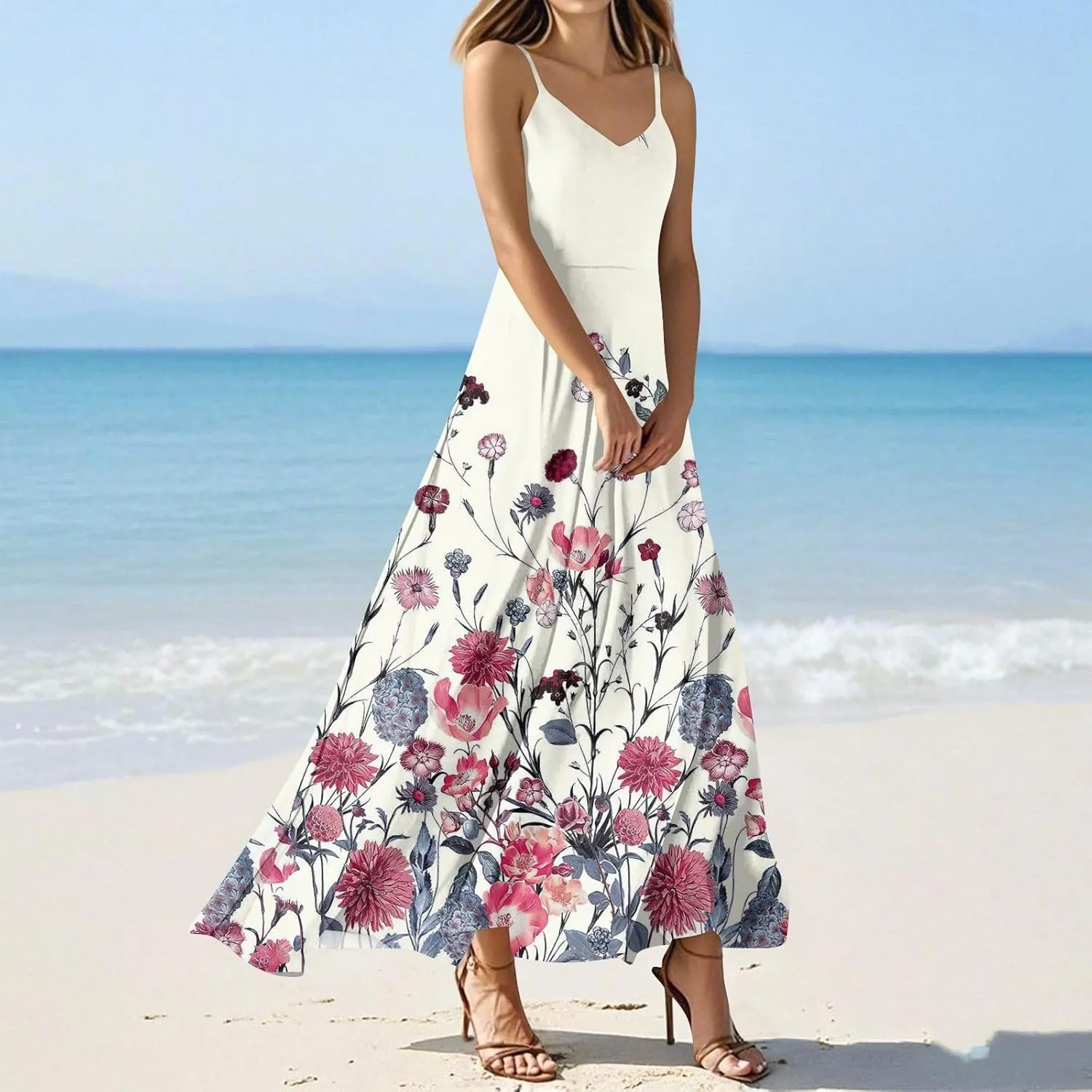 Summer Dresses for Women 2025 Spring Adjustable Spaghetti Strap Maxi Dress Floral Beach Vacation Long Sundress