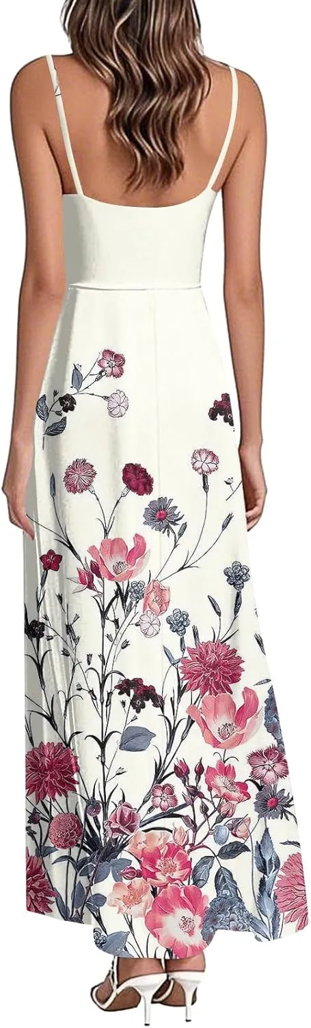 Summer Dresses for Women 2025 Spring Adjustable Spaghetti Strap Maxi Dress Floral Beach Vacation Long Sundress