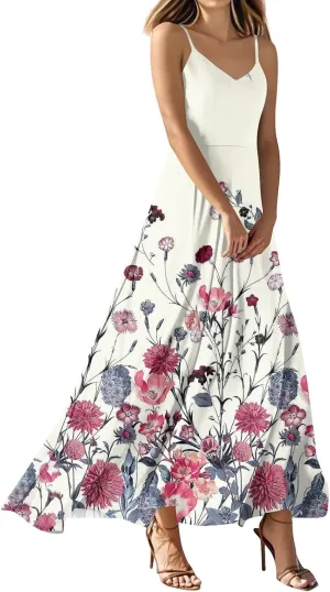 Summer Dresses for Women 2025 Spring Adjustable Spaghetti Strap Maxi Dress Floral Beach Vacation Long Sundress