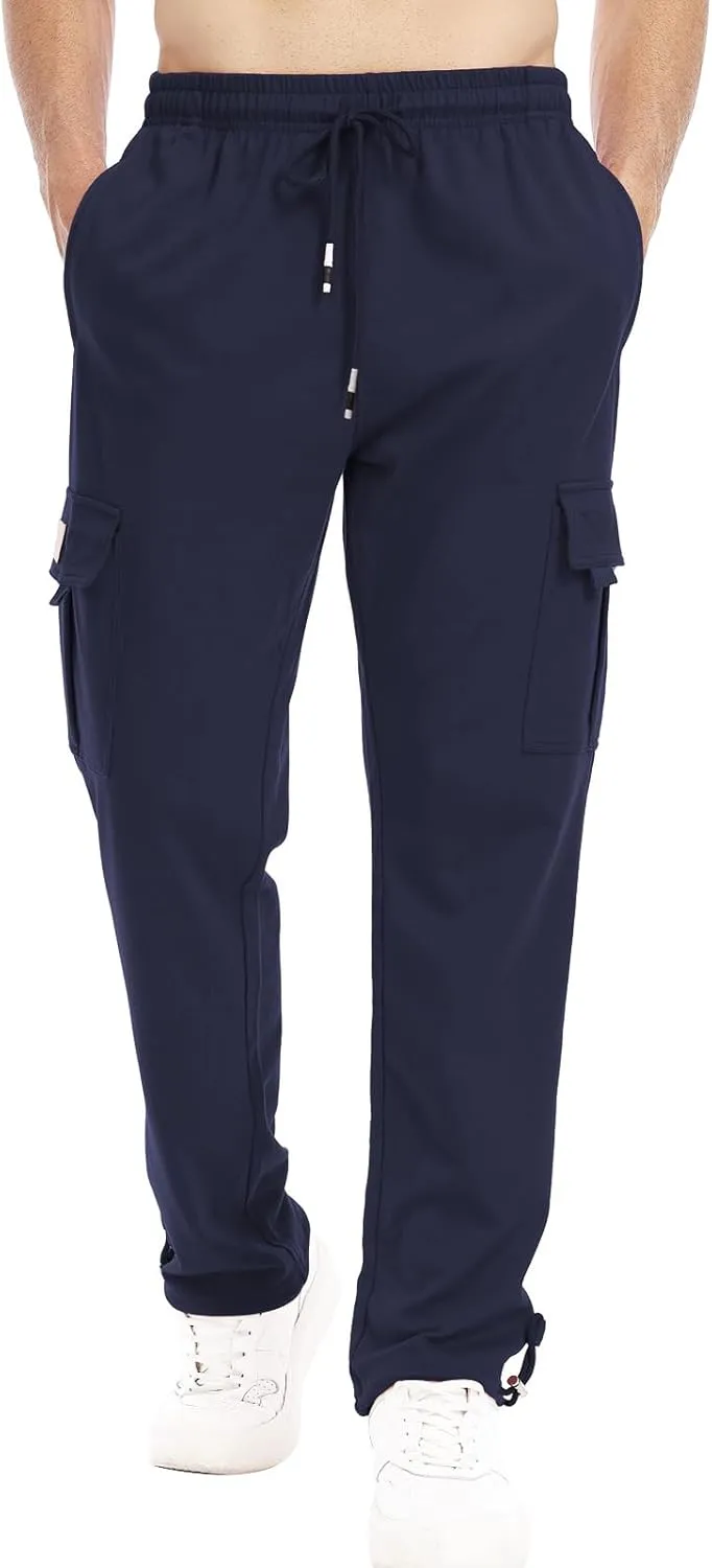 Suwangi Mens Cargo Pants Loose Waist Relaxed Fit Outdoor Elastic Bottom Pants Athletic Drawstring Multiple Pockets Joggers