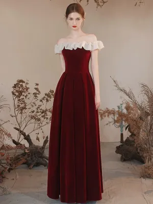 Sweet Burgundy Off The Shoulder A-line Long Prom Dress