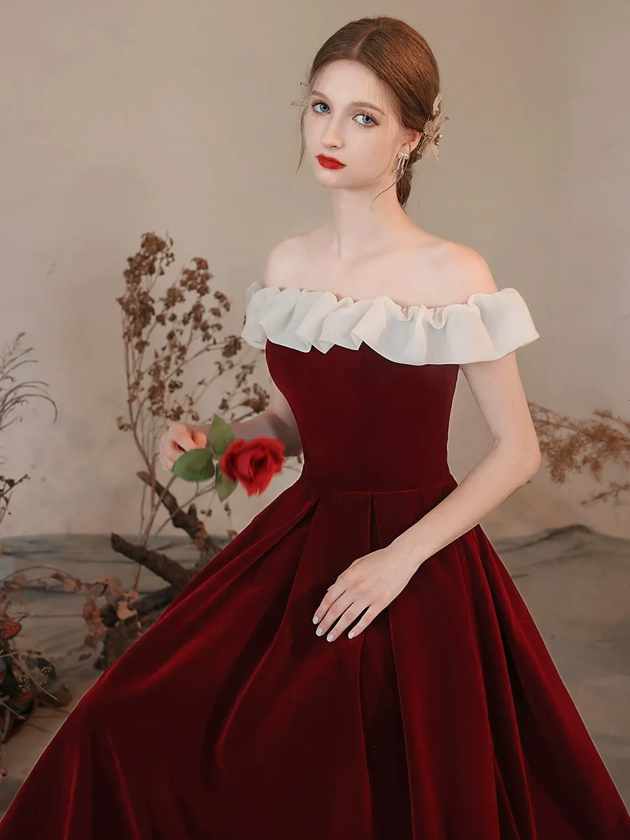 Sweet Burgundy Off The Shoulder A-line Long Prom Dress