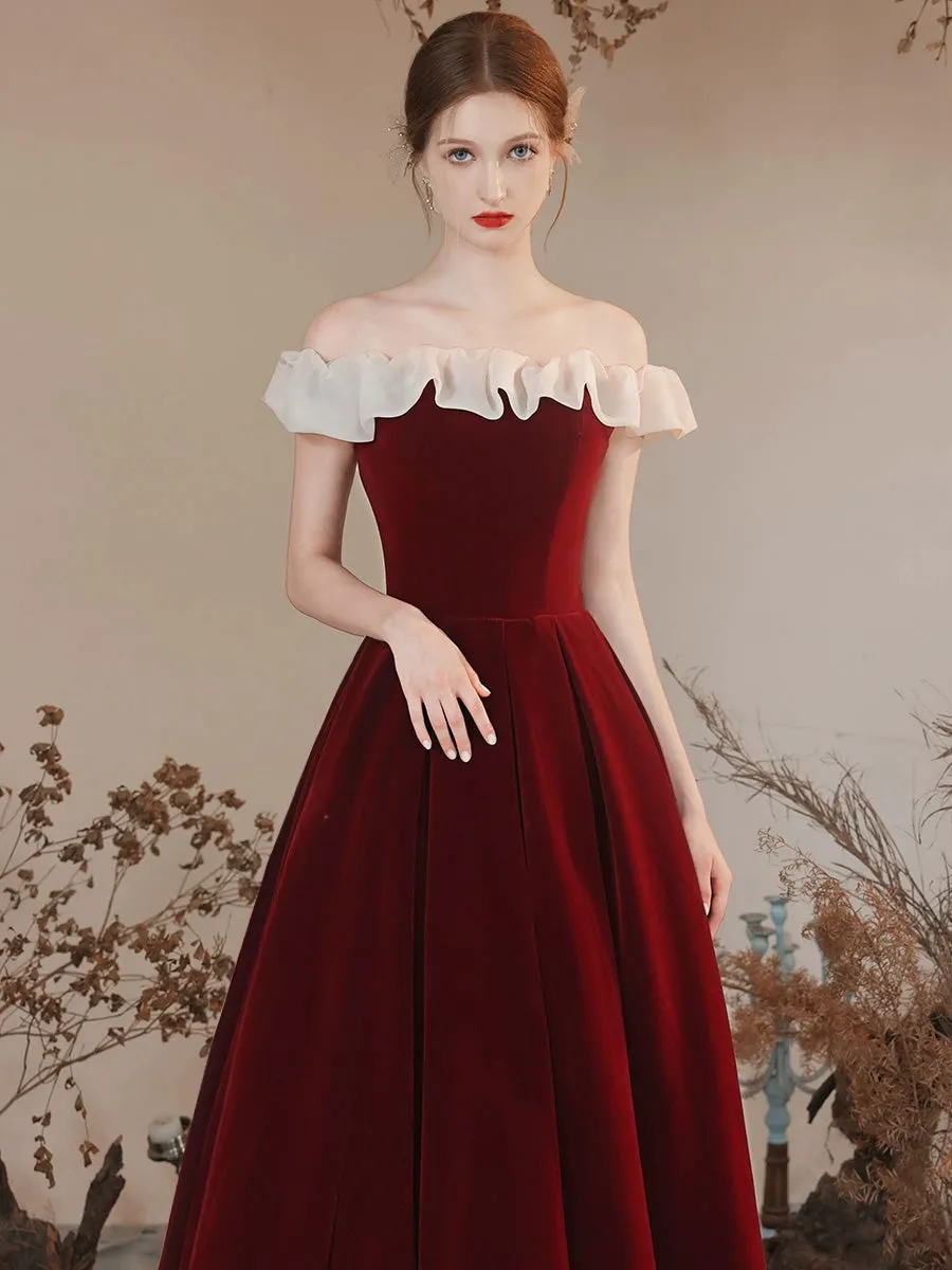 Sweet Burgundy Off The Shoulder A-line Long Prom Dress
