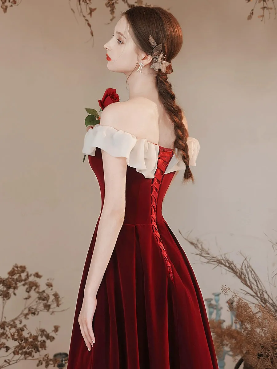 Sweet Burgundy Off The Shoulder A-line Long Prom Dress