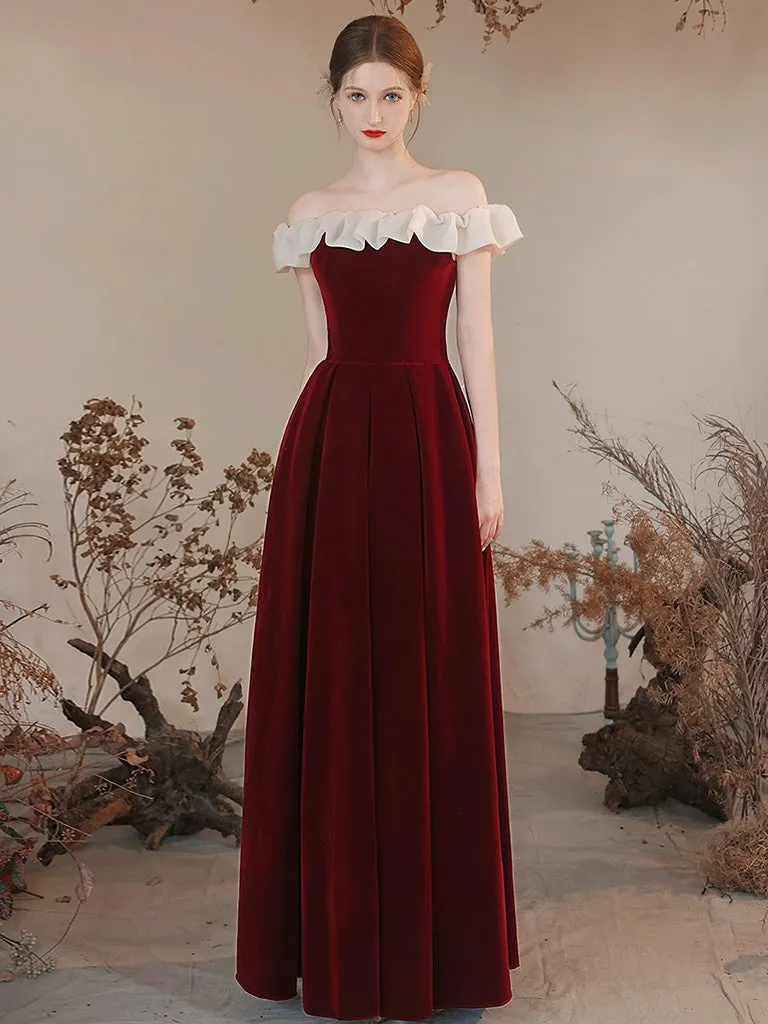 Sweet Burgundy Off The Shoulder A-line Long Prom Dress