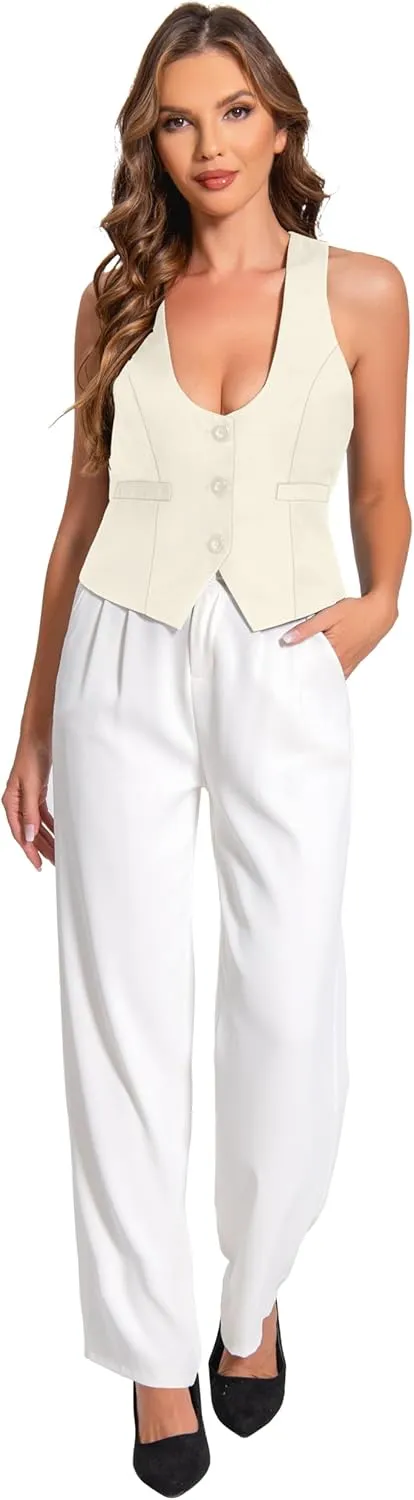 V VOCNI Suit Vest for Women Waistcoat Vintage Steampunk Dressy Casual Racerback Vest Jacket