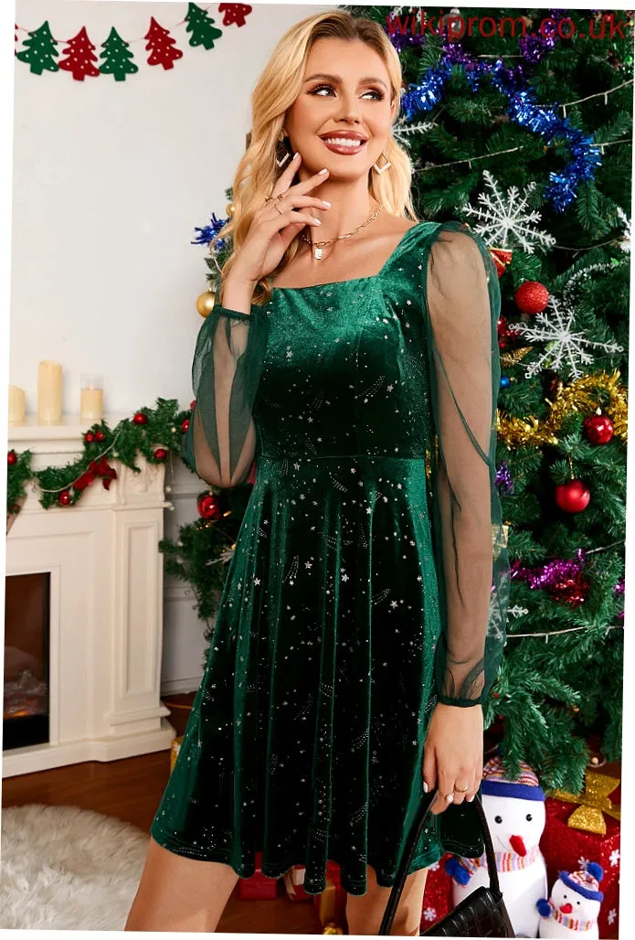 Velvet Mini Long Neck Floral Print Dresses Sleeves Square Elegant A-line Club Dresses Dana