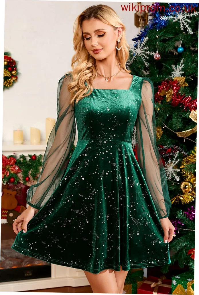 Velvet Mini Long Neck Floral Print Dresses Sleeves Square Elegant A-line Club Dresses Dana