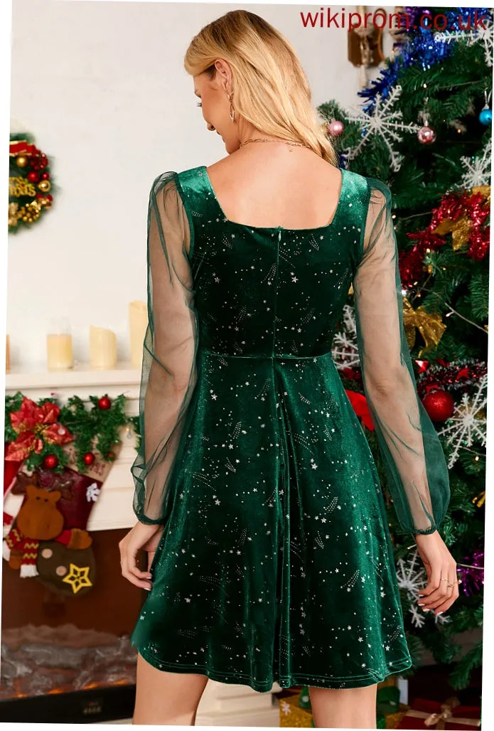 Velvet Mini Long Neck Floral Print Dresses Sleeves Square Elegant A-line Club Dresses Dana