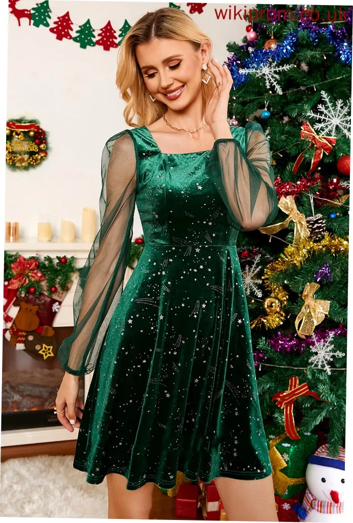 Velvet Mini Long Neck Floral Print Dresses Sleeves Square Elegant A-line Club Dresses Dana