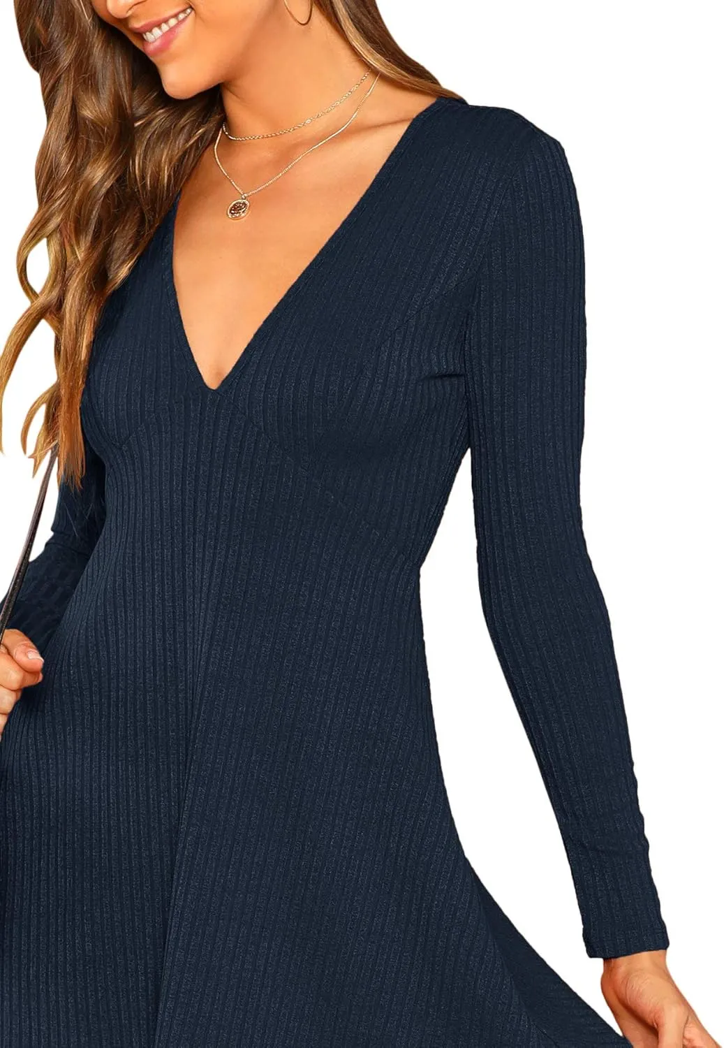 Verdusa Women's Elegant Deep V Neck Long Sleeve Ribbed Short Skater Dress