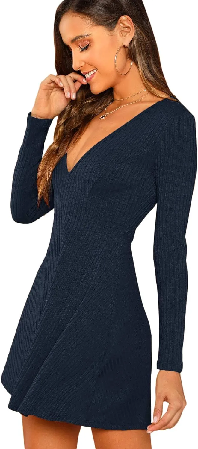 Verdusa Women's Elegant Deep V Neck Long Sleeve Ribbed Short Skater Dress