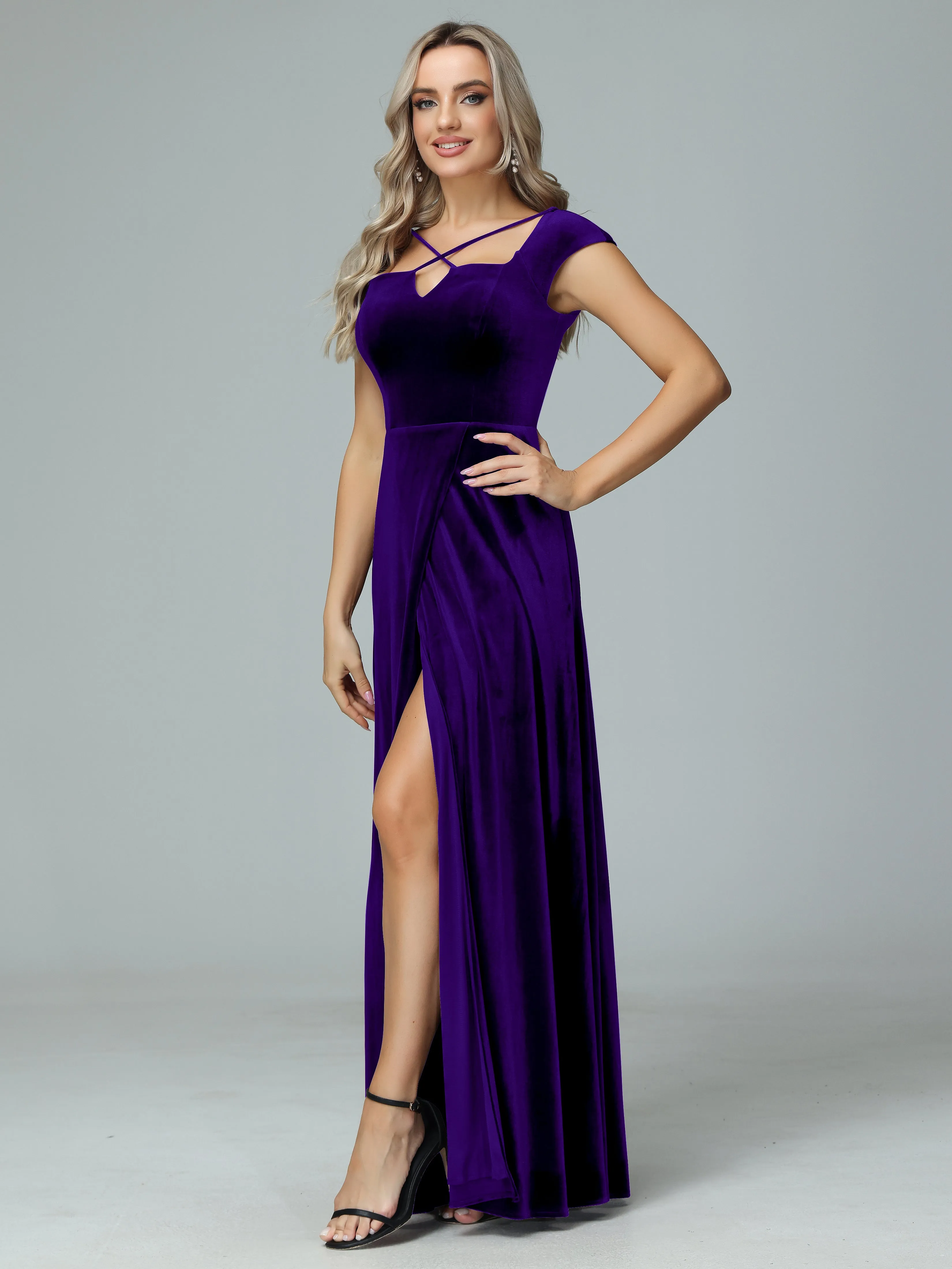 Vintage A-line Cap Sleeves Velvet Bridesmaid Dresses
