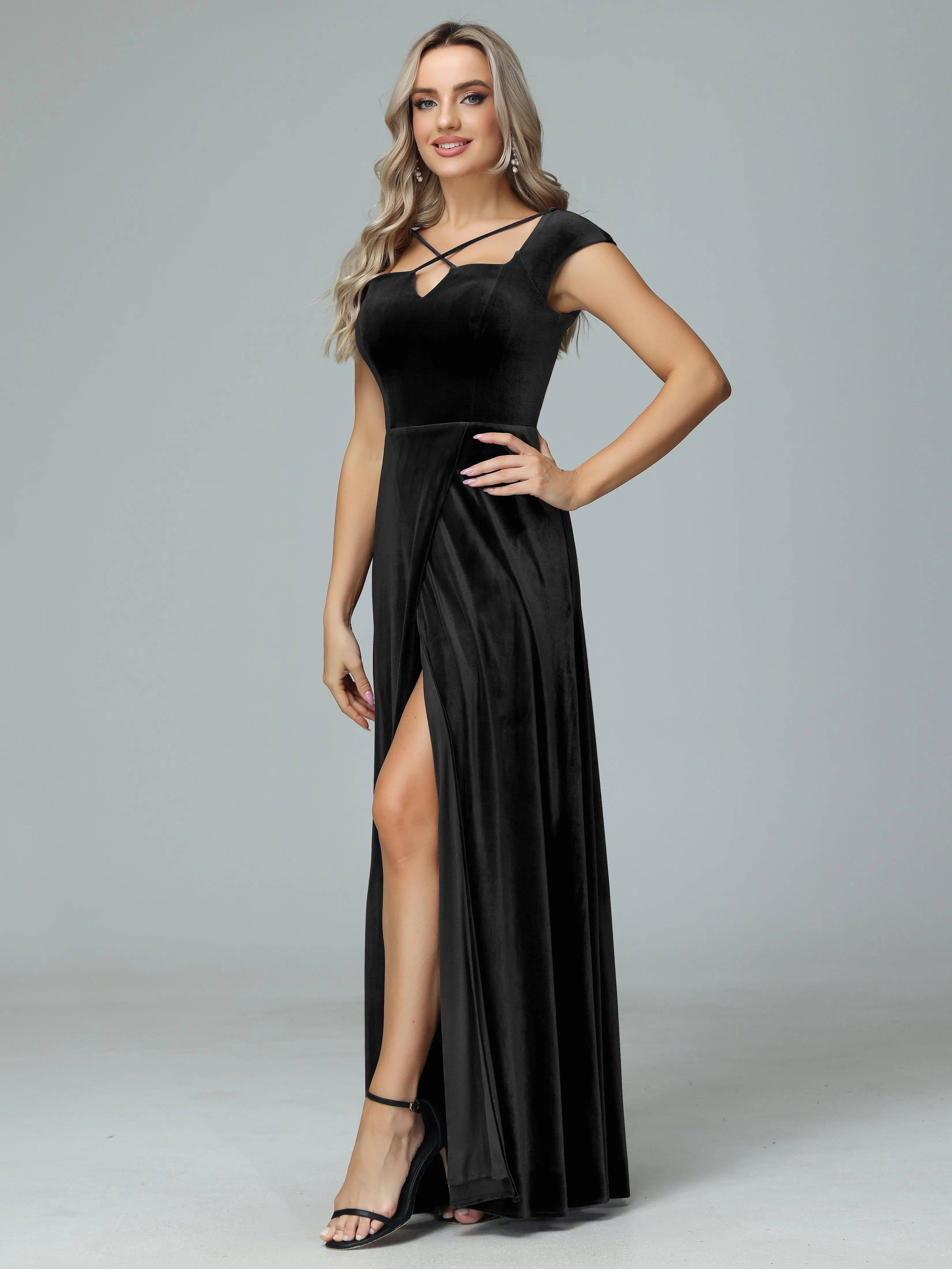 Vintage A-line Cap Sleeves Velvet Bridesmaid Dresses
