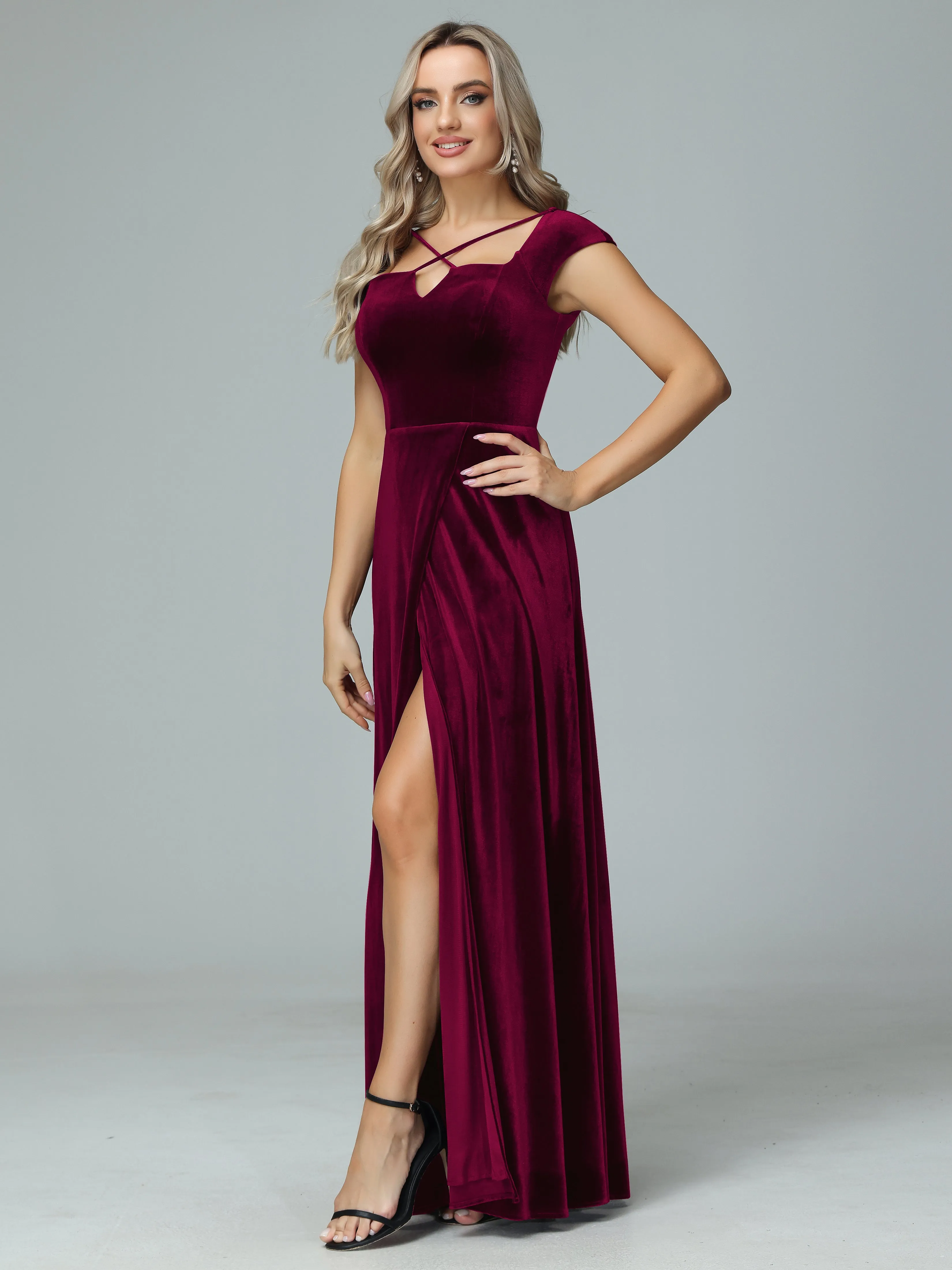 Vintage A-line Cap Sleeves Velvet Bridesmaid Dresses