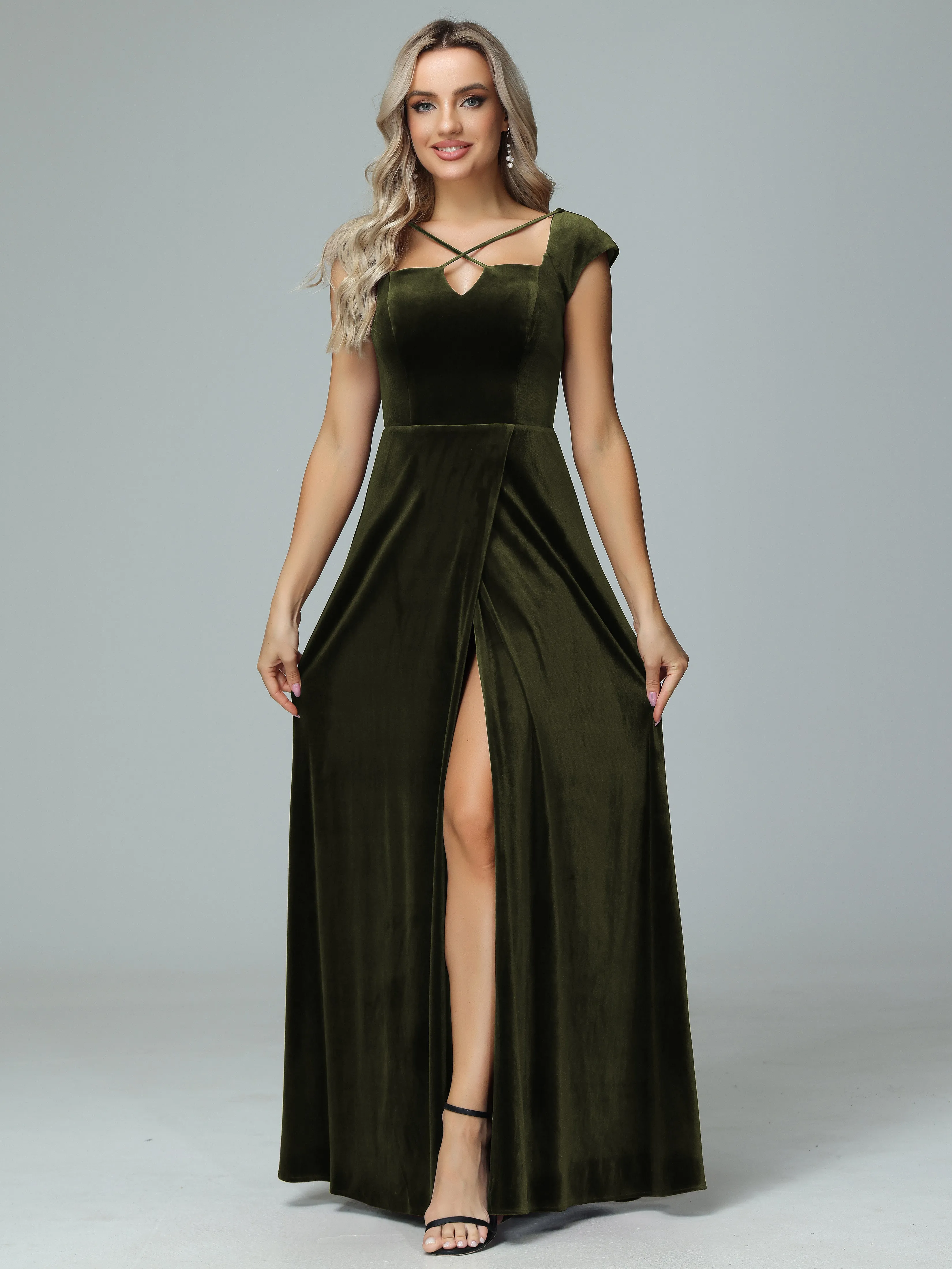 Vintage A-line Cap Sleeves Velvet Bridesmaid Dresses