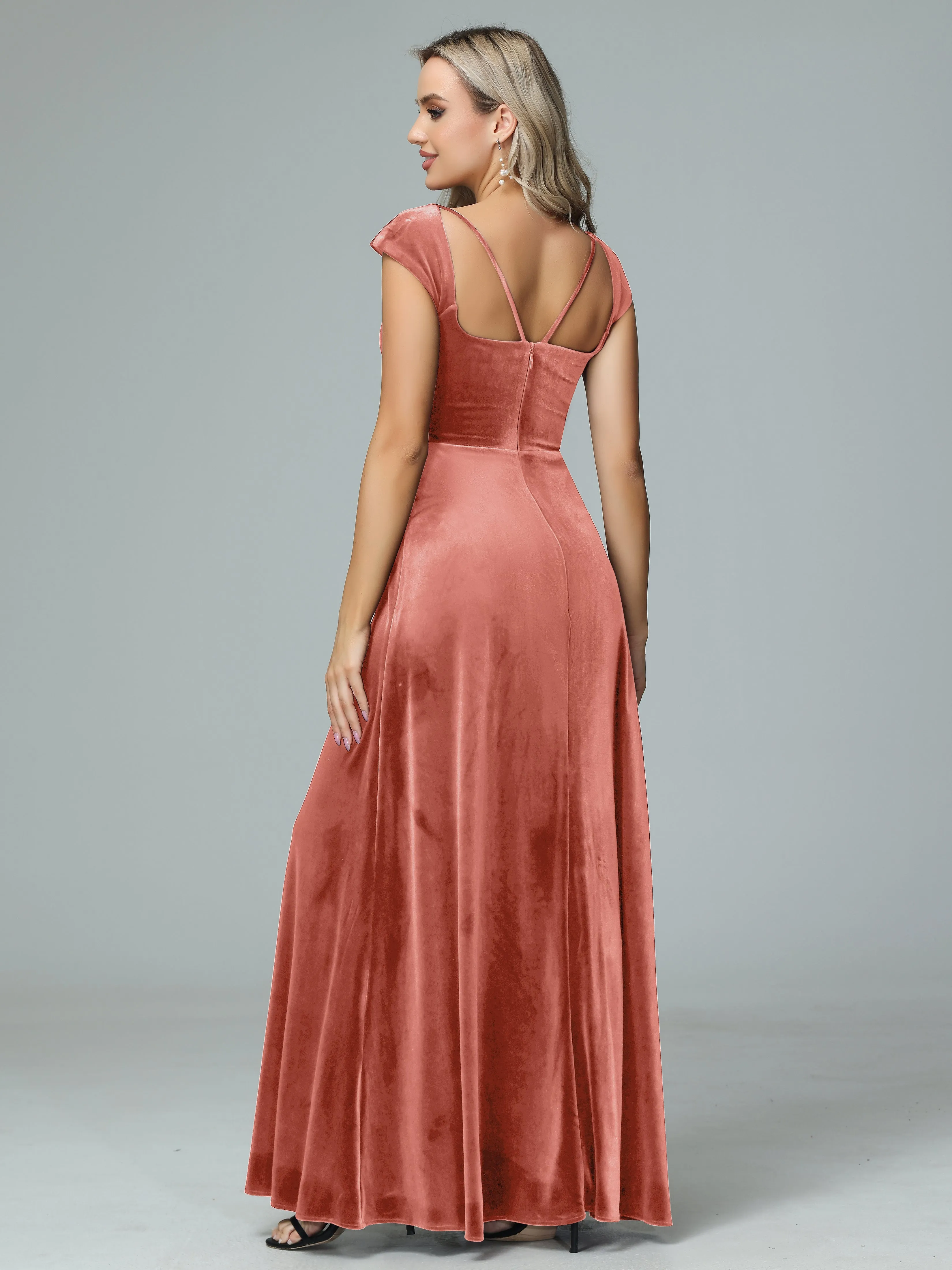Vintage A-line Cap Sleeves Velvet Bridesmaid Dresses