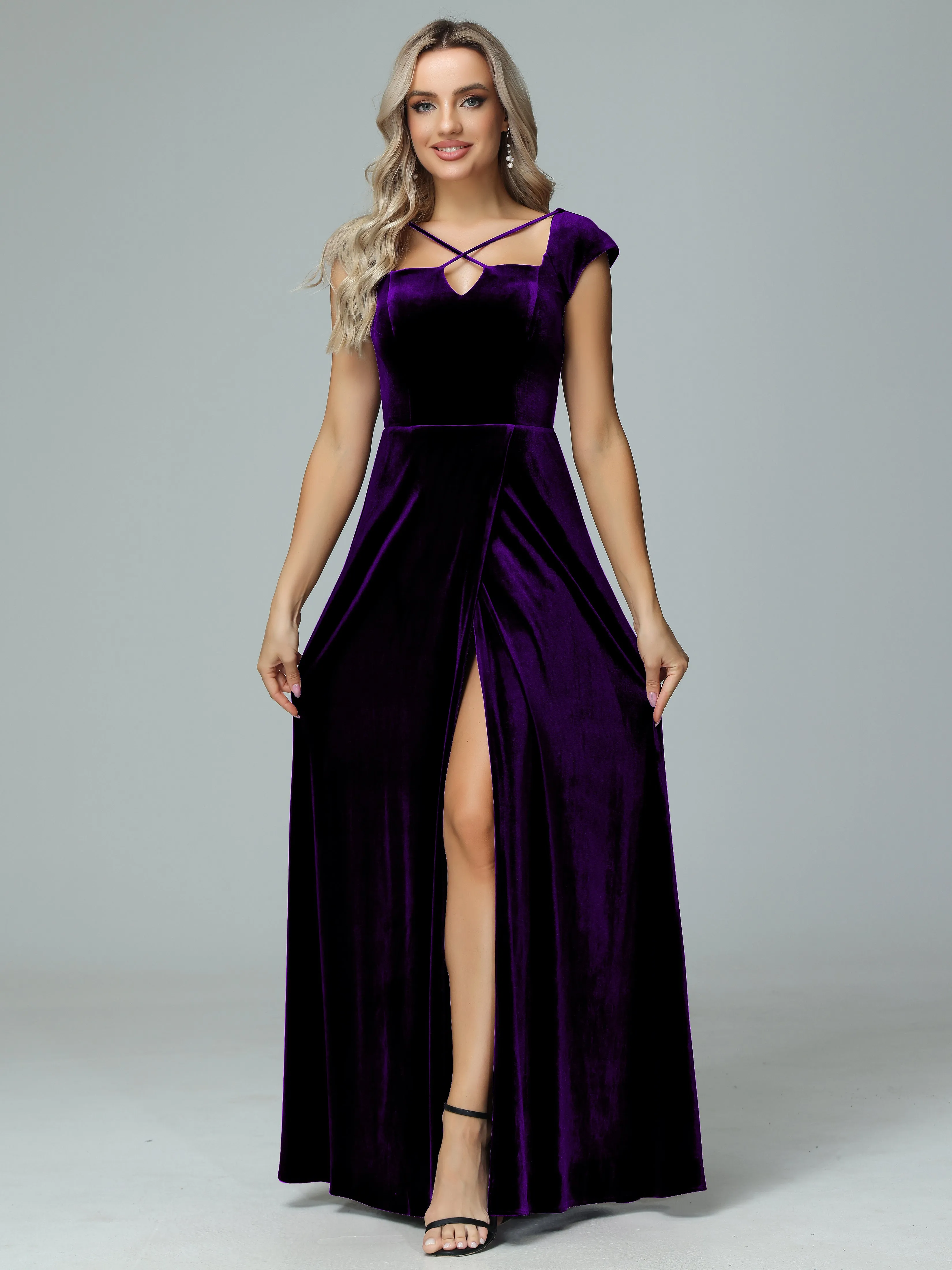 Vintage A-line Cap Sleeves Velvet Bridesmaid Dresses
